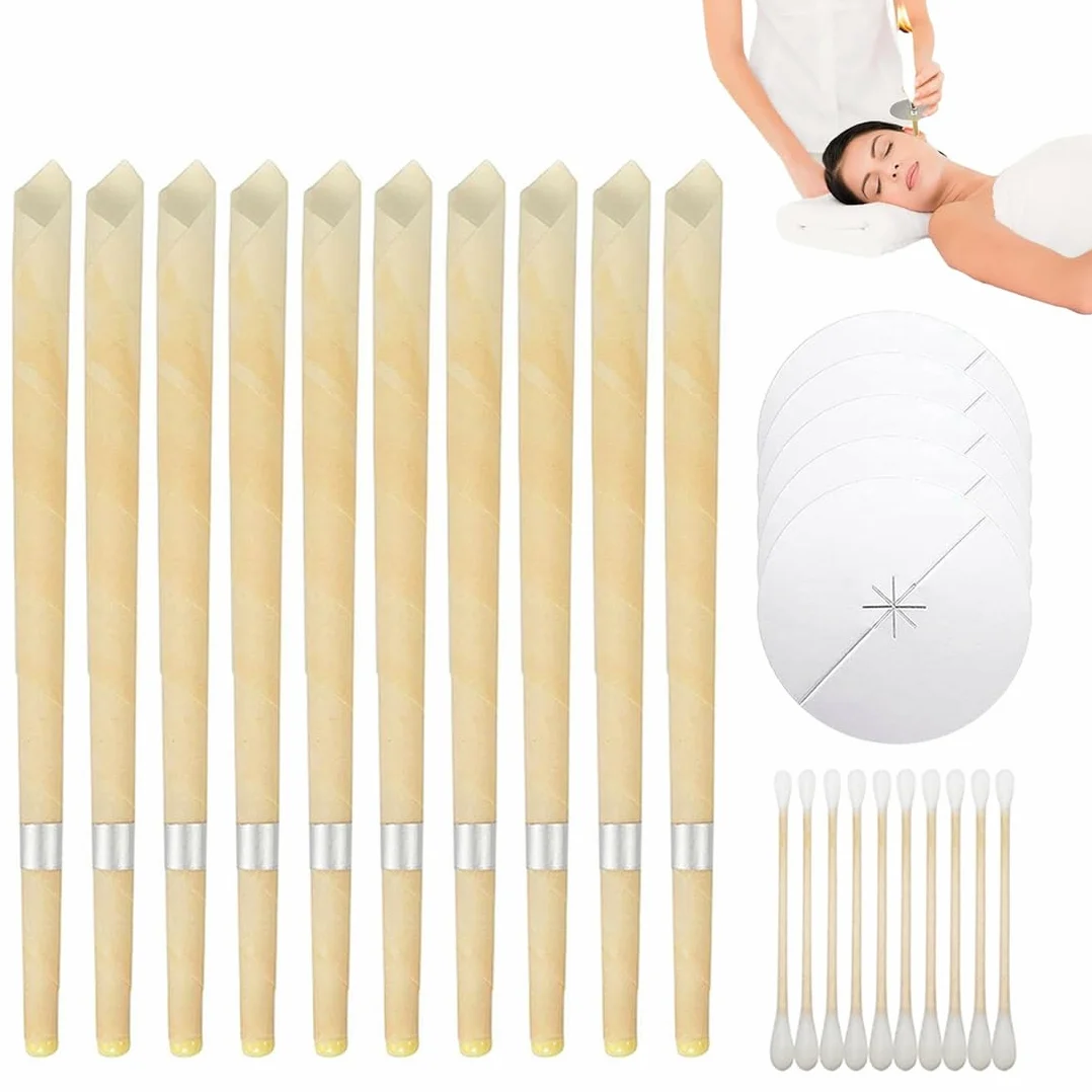 EBHO Candele Orecchie Cerume,Kit per Candele per Rimozione del Cerume,Togli Cerume Orecchie,Candele per Orecchie da 10 Pezzi con 5 Dischi Protettivi