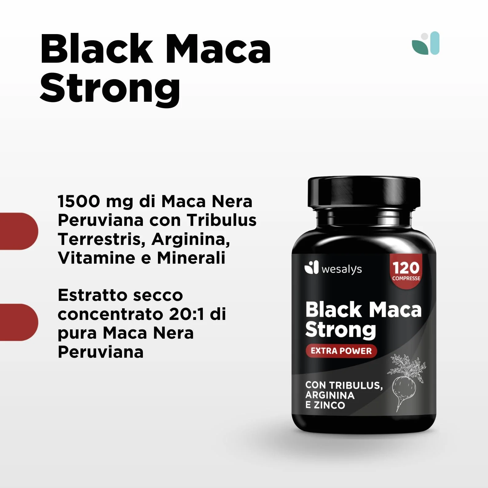 Maca Peruviana Nera Estratto Puro 20:1, 30.000 mg + Tribulus Terrestris + Arginina + Zinco | Integratori Made In Italy | Mass | Maca Wesalys