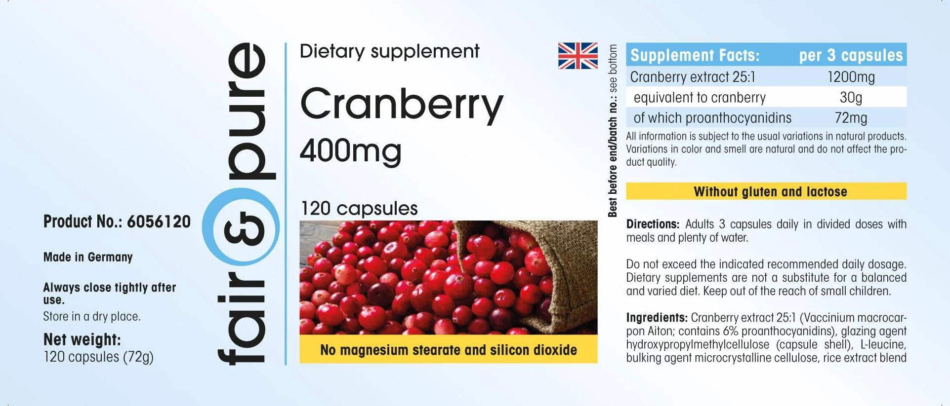 Fair & Pure ® Estratto di Mirtillo rosso 400mg - Estratto di Cranberry 30.000 mg (30g) - Vegan - 120 Capsule