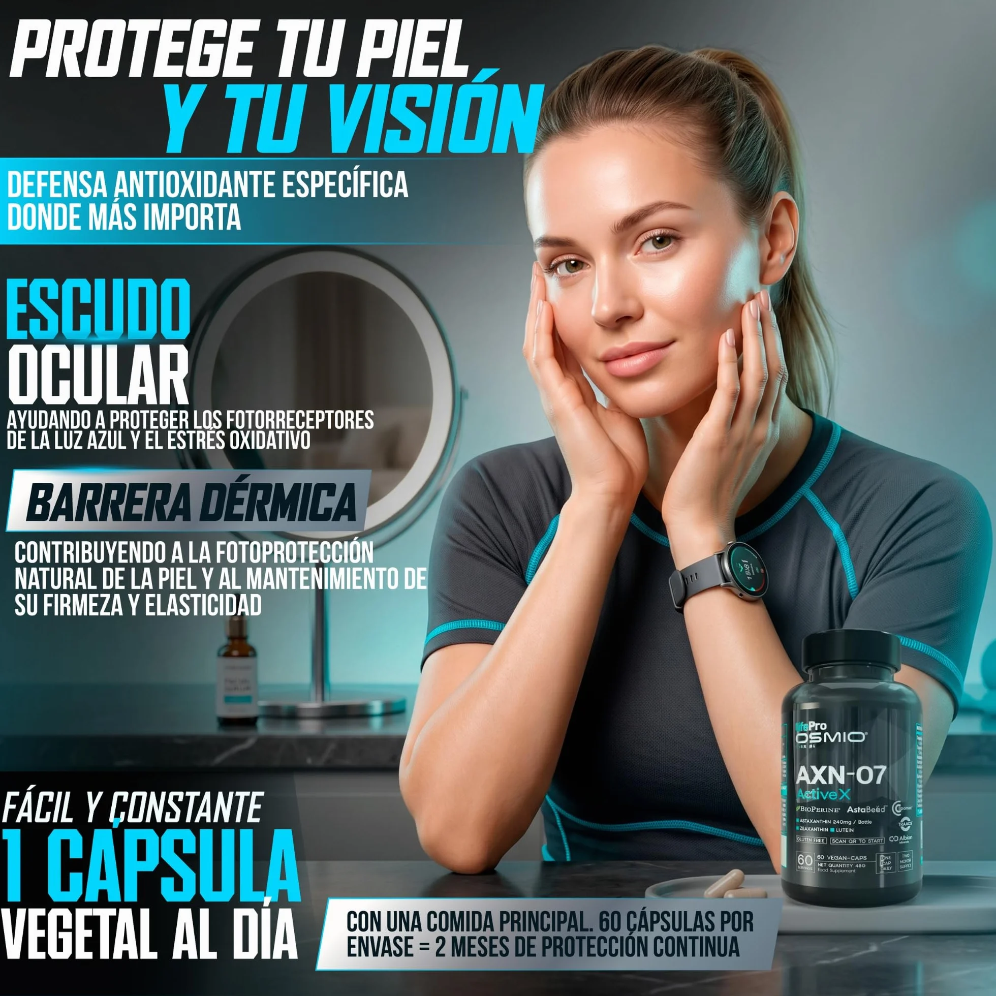 Life Pro Osmium Astaxanthin AXN-07-60 Integratore di Astaxantina con Luteina, Zeaxantina, Vitamine e Minerali Vegano