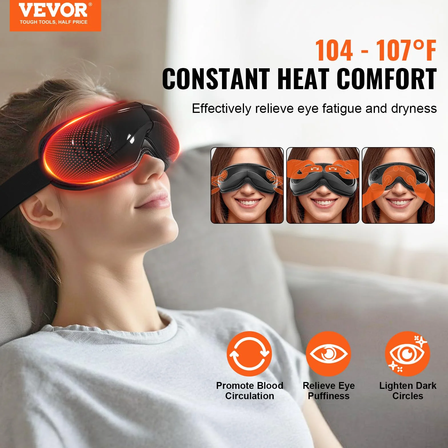 VEVOR Massaggiatore per occhi con calore, maschera massaggio oculare 5 modalità musica Bluetooth pieghevole 180°