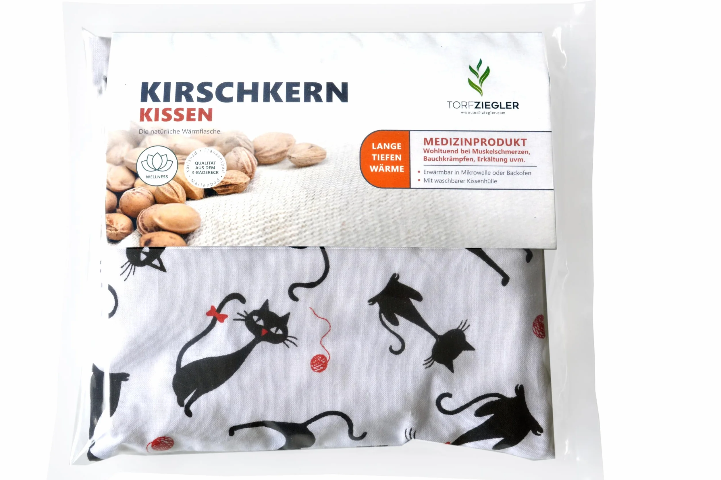 Cuscino termico ai noccioli di ciliegia 19×18 cm – dispositivo medico di classe I CE in cotone, applicazione caldo e freddo, bianco con motivo di gatti