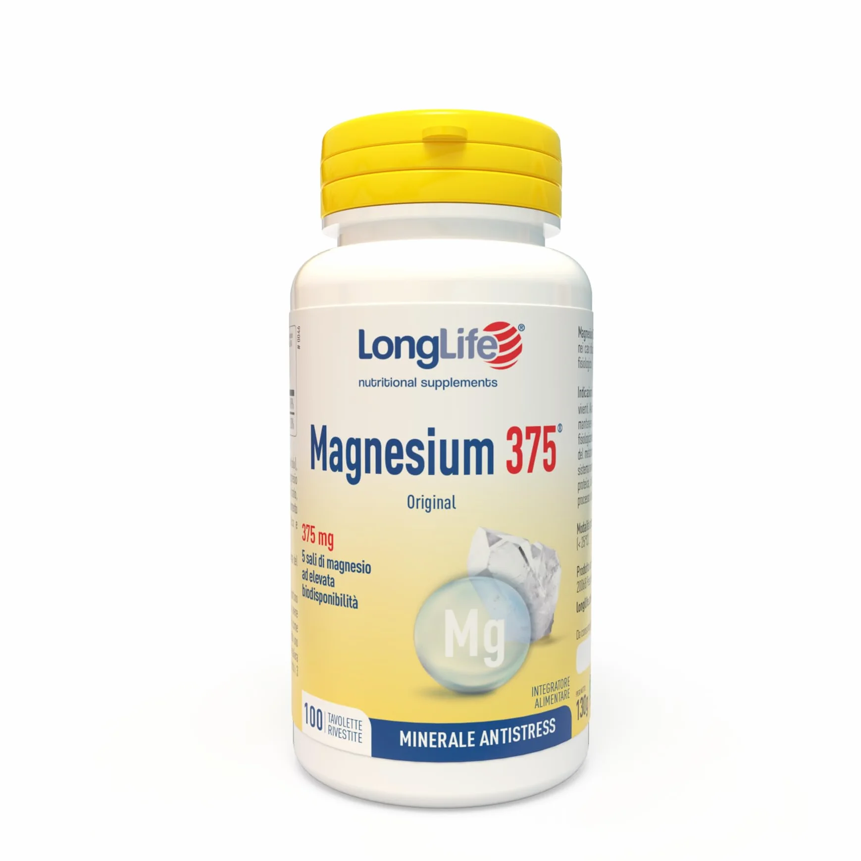 LongLife Magnesium 375® | 5 sali di magnesio | Alto dosaggio | Integratore magnesio antistress | 100 tavolette | Oltre 3 mesi di trattamento | Vegano e senza glutine