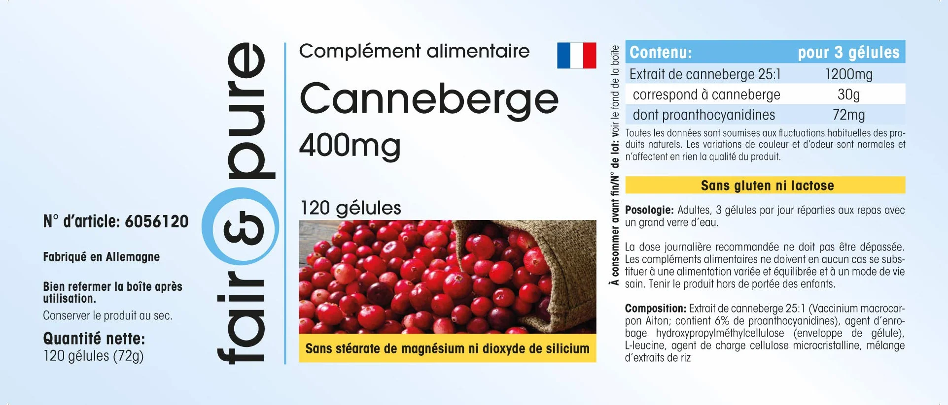 Fair & Pure ® Estratto di Mirtillo rosso 400mg - Estratto di Cranberry 30.000 mg (30g) - Vegan - 120 Capsule
