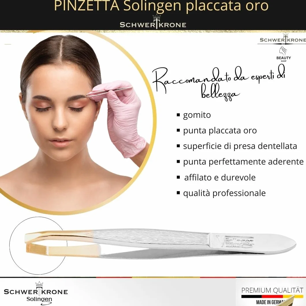 SCHWERTKRONE Pinzetta Professionale Solingen 8 cm - Inclinata e Angolata per Sopracciglia - Placcata Oro, Prodotto in Germania