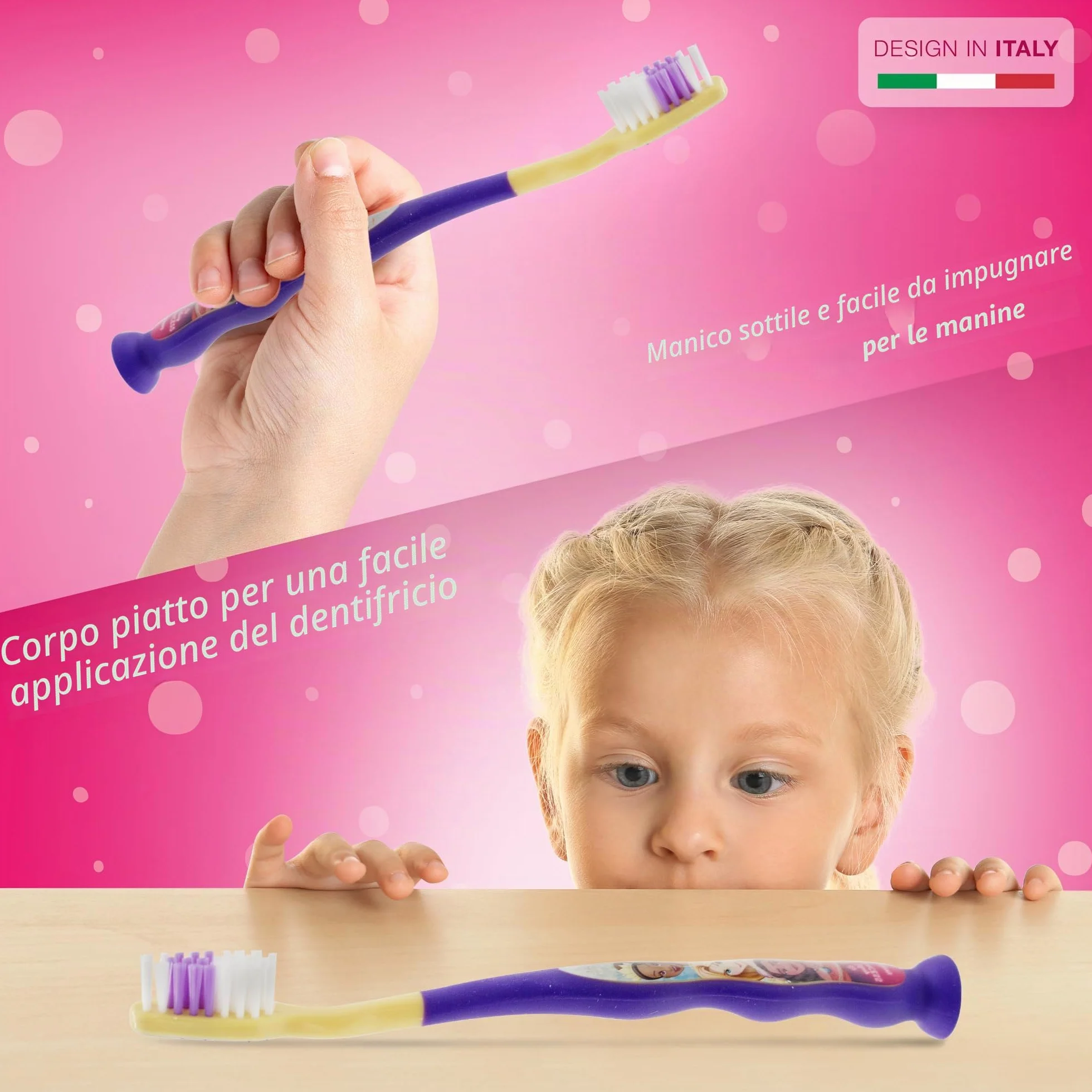 Spazzolino da denti Princess con tappo di protezione, ventosa, manico comodo e setole morbide per bambini
