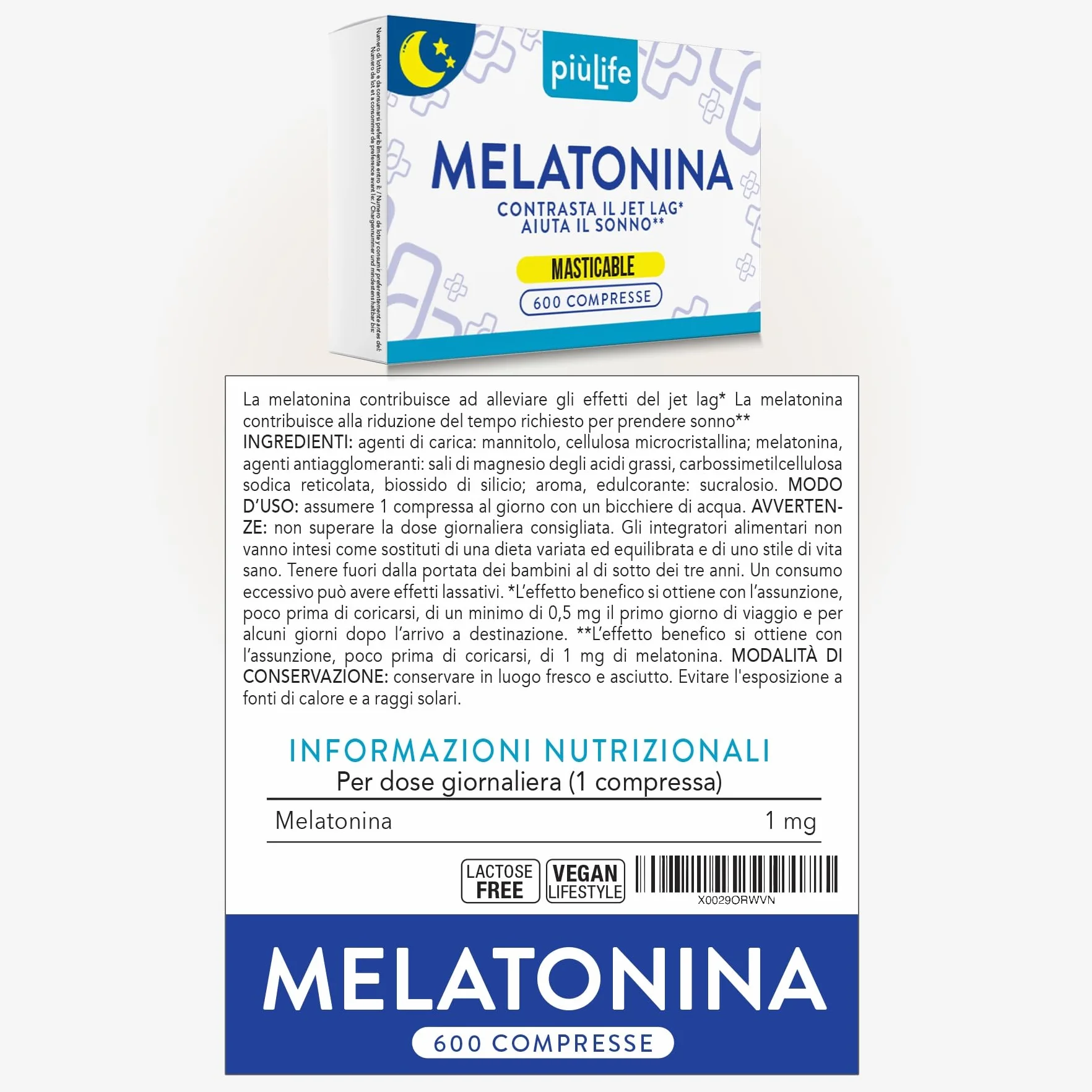PiùLife Melatonina 1 mg per compressa - Caramelle senza zucchero per dormire, Allevia Jet Lag, Sonnifero Naturale