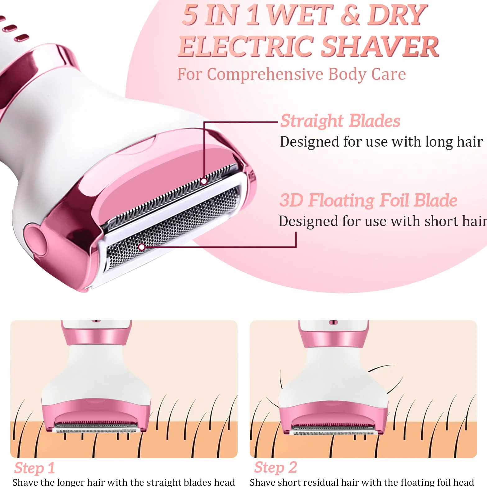 Rasoio Elettrico Donna, 5 in 1 Rasoio Elettrico Donna, Epilatore Intimo Donna, Utilizzo a Secco e Bagnato, per Bikini, Ascelle, Gambe, Sopracciglia e Naso, con Display LED, Ricarica USB