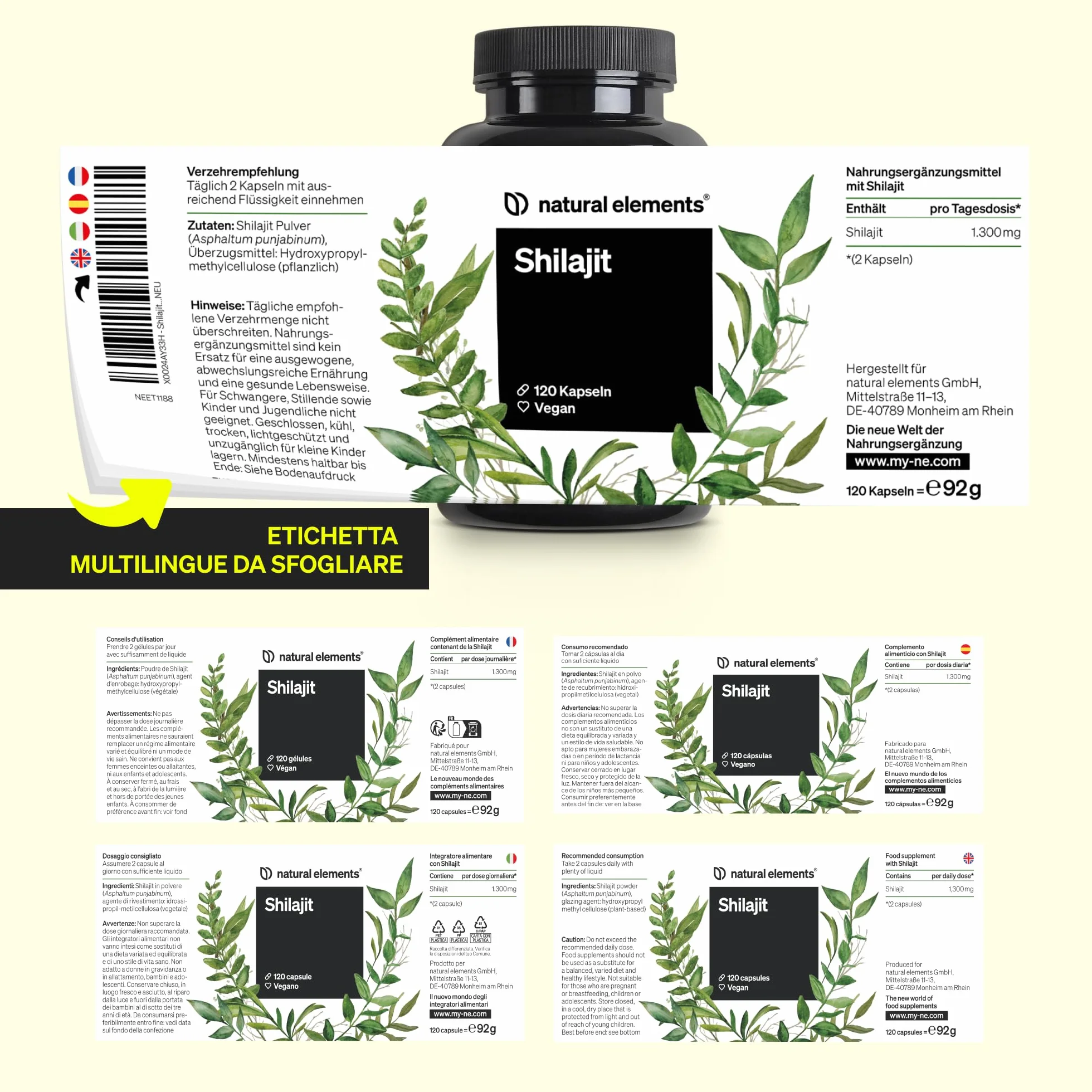 Integratore di Shilajit 1300 mg per Dose - 120 Capsule Vegane - Privo di Additivi - Prodotto in Germania e Testato in Laboratorio
