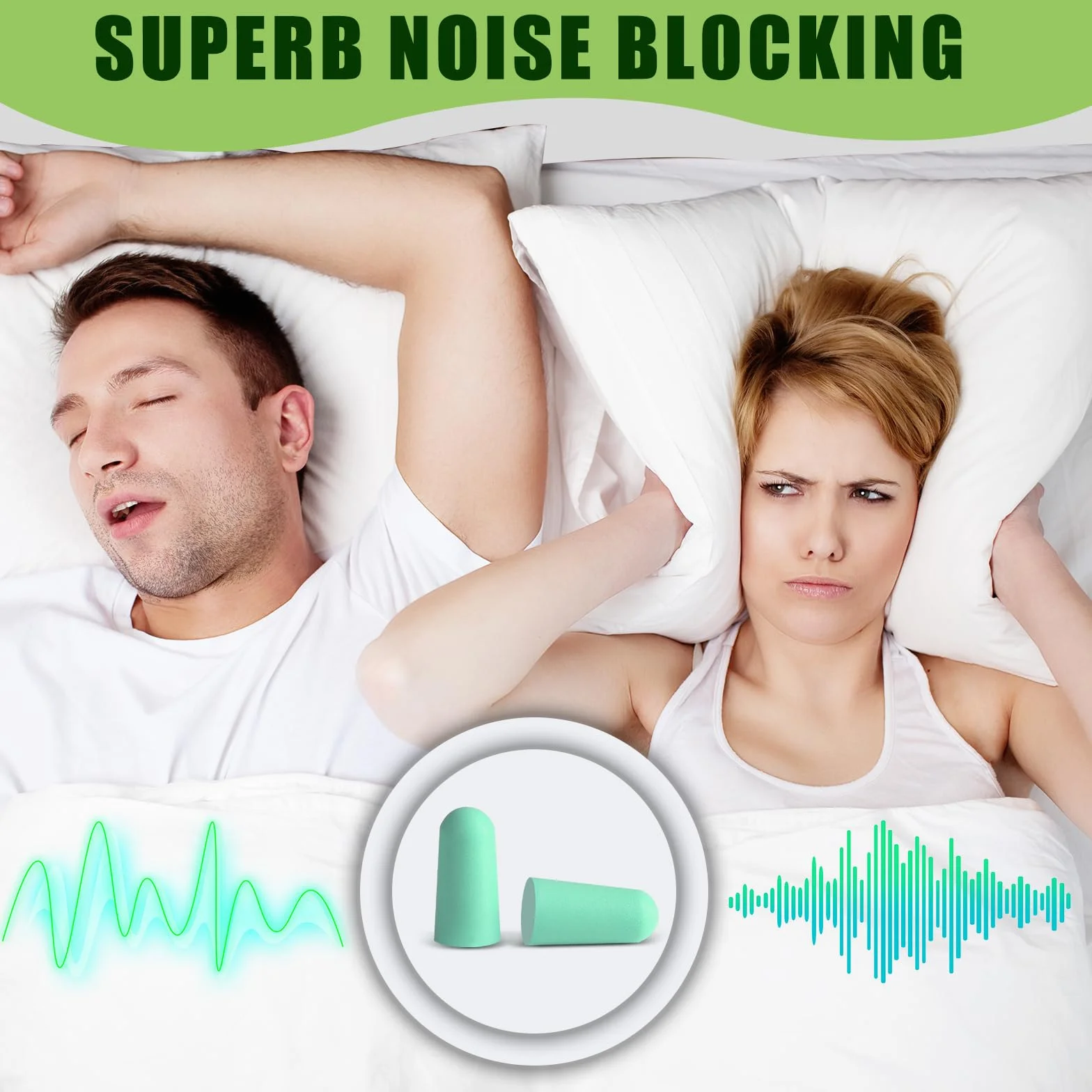 Tappi per dormire 38 dB SNR, 60 coppie, schiuma morbida, protezione dal rumore, verde