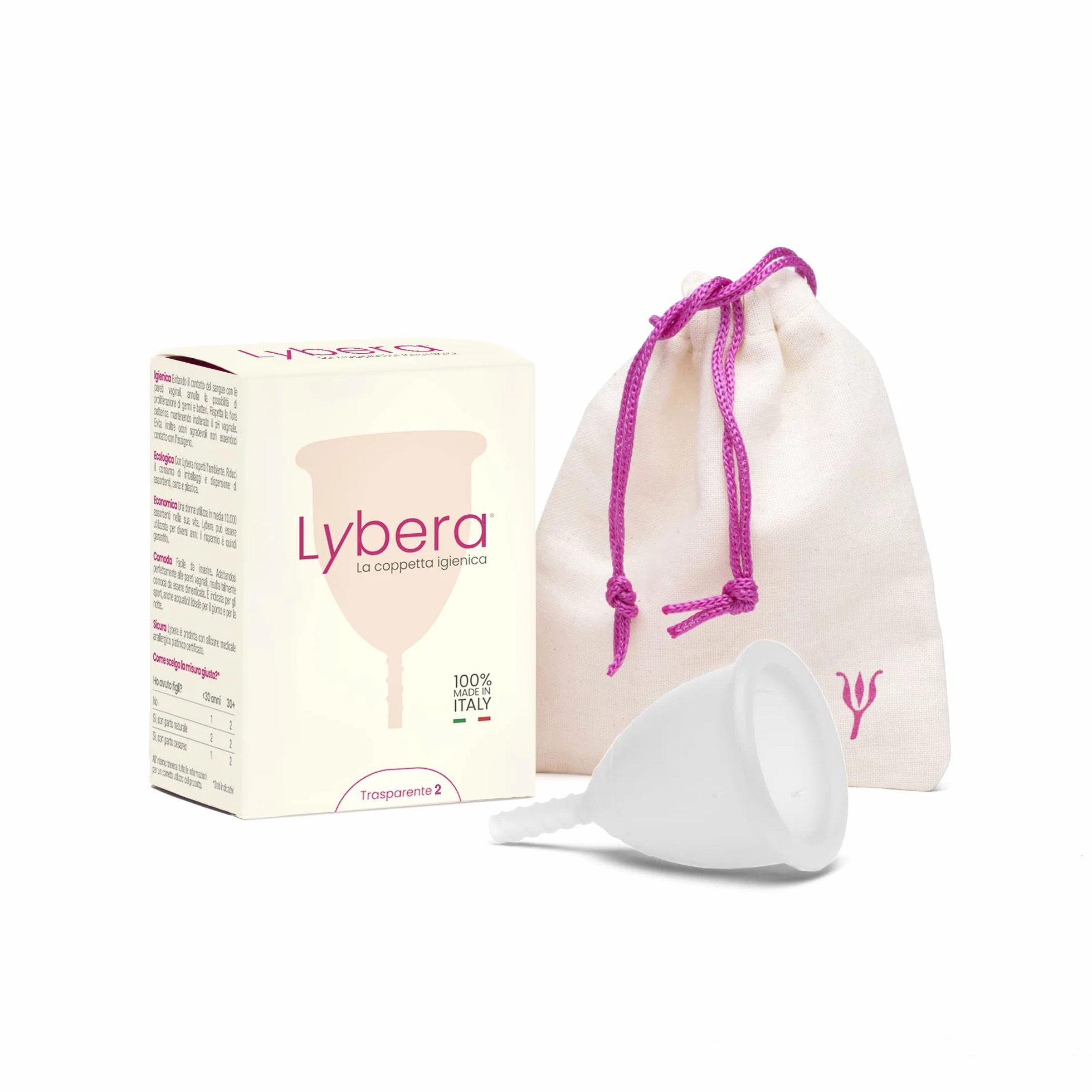 Lybera Coppetta Mestruale Made in Italy, Coppetta Mestruale Morbida, Sicura, in Silicone Medicale, Ecologica, per Igiene Intima, Comoda, Disponibile in 2 Taglie - Taglia 2, Trasparente