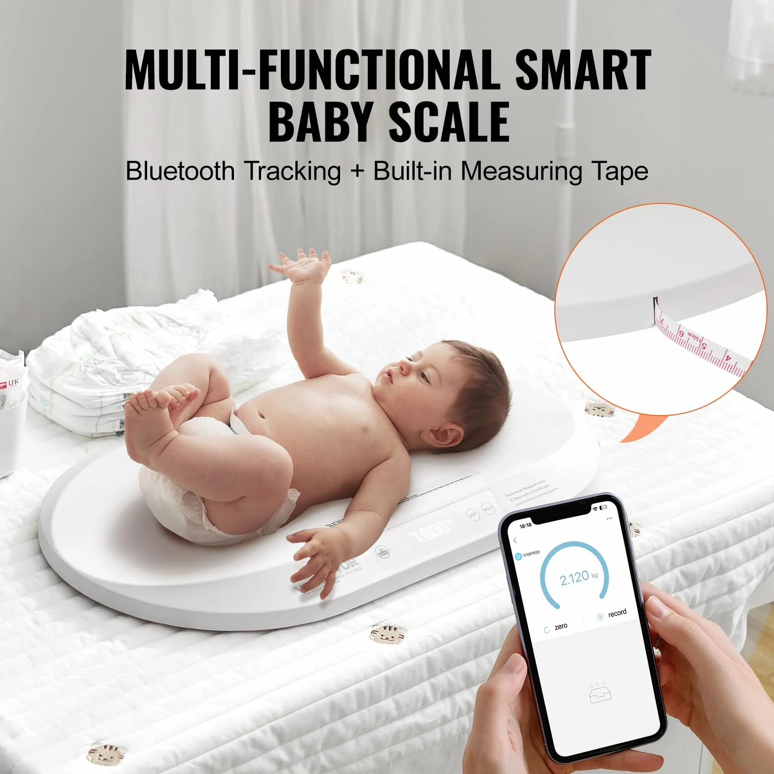 VEVOR Bilancia Intelligente Bluetooth per Neonati con Metro a Nastro, Capacità 40 kg