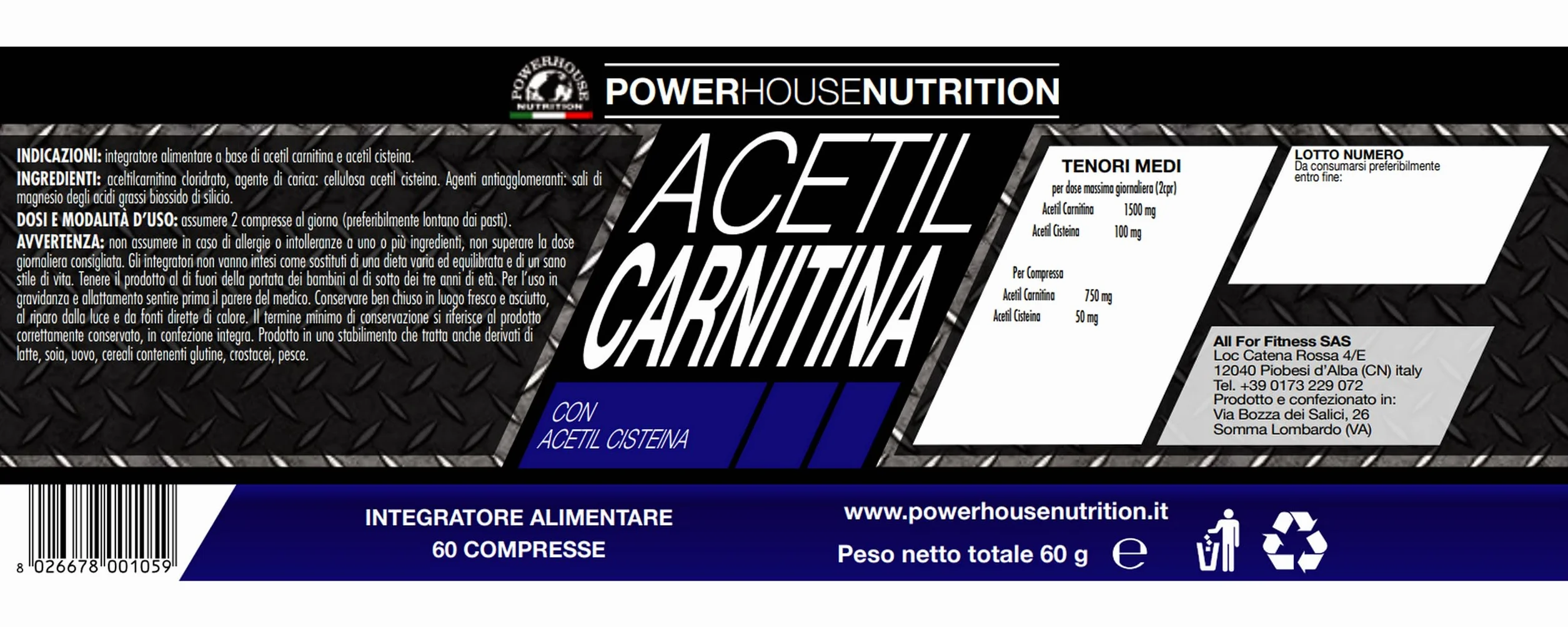 Acetil Carnitina 1500mg Alto Dosaggio 60 compresse Powerhouse Nutrition