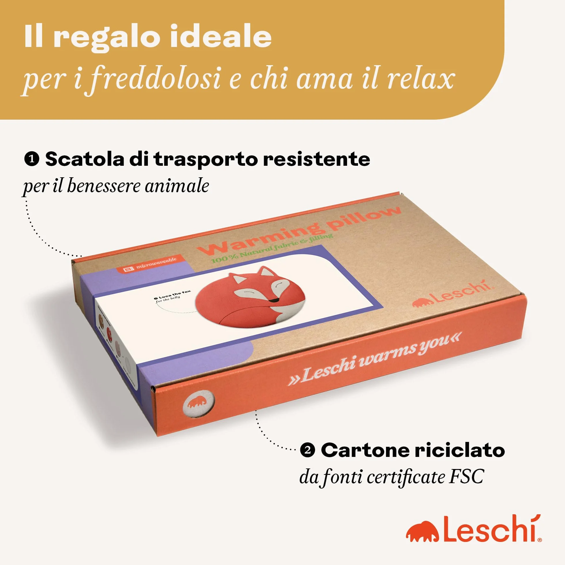 LESCHI Cuscino termico per microonde - In cotone bio con grano biologico - Cuscino riscaldante per dolori mestruali, alla pancia, schiena e zona lombare - Naturale, riutilizzabile - Volpe, rosso
