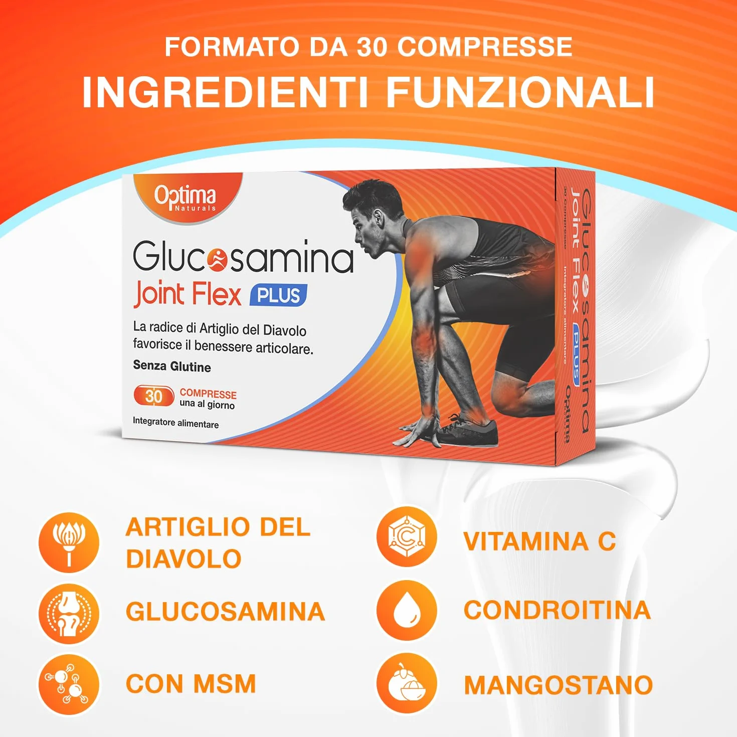 Plus integratore alimentare con Glucosamina, Condroitina, Artiglio del Diavolo e MSM, per il benessere delle articolazioni, 30 compresse Optima Naturals