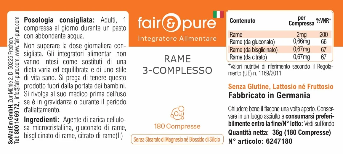 Fair & Pure Complesso di rame a 3 componenti, 180 compresse, 2 mg per compressa, facili da deglutire, integratore alimentare vegano senza additivi, prodotto in Germania