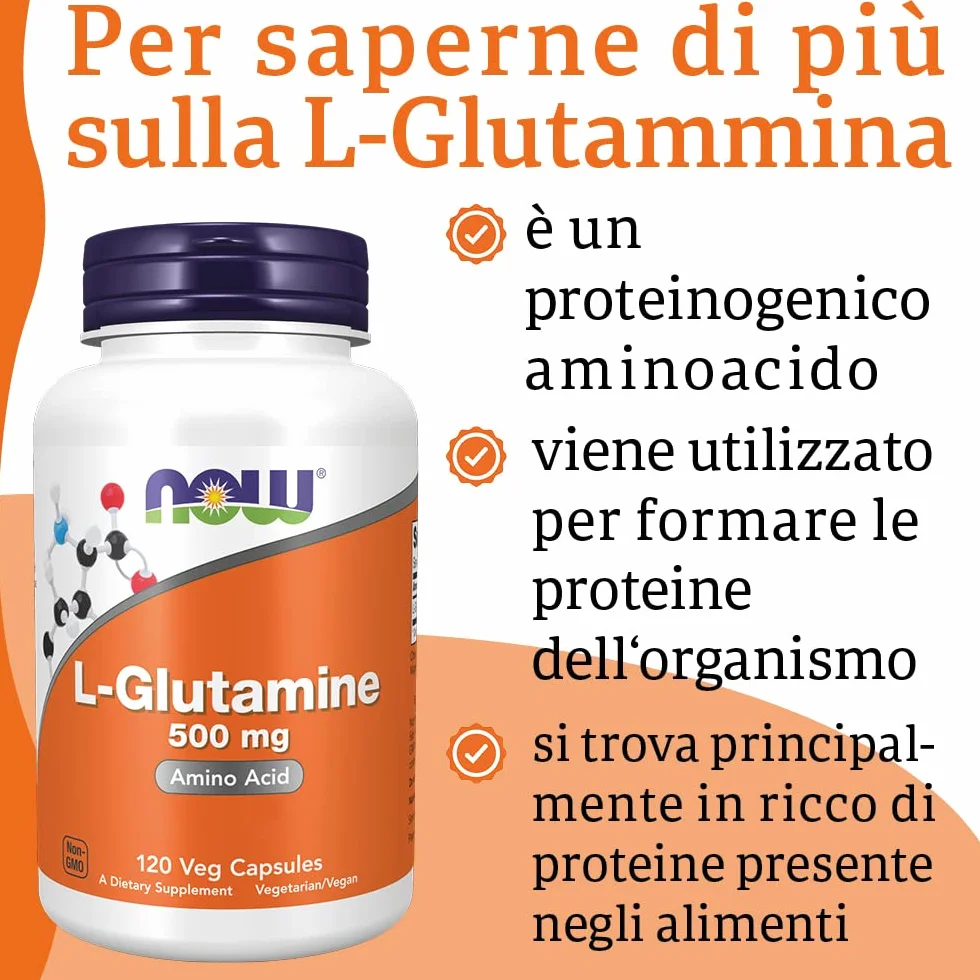 Now Foods, L-Glutamine (L-Glutammina), 500 mg, 120 Capsule vegan, Testato in Laboratorio, Aminoacido, Senza Glutine, Senza Soia, Vegetariano