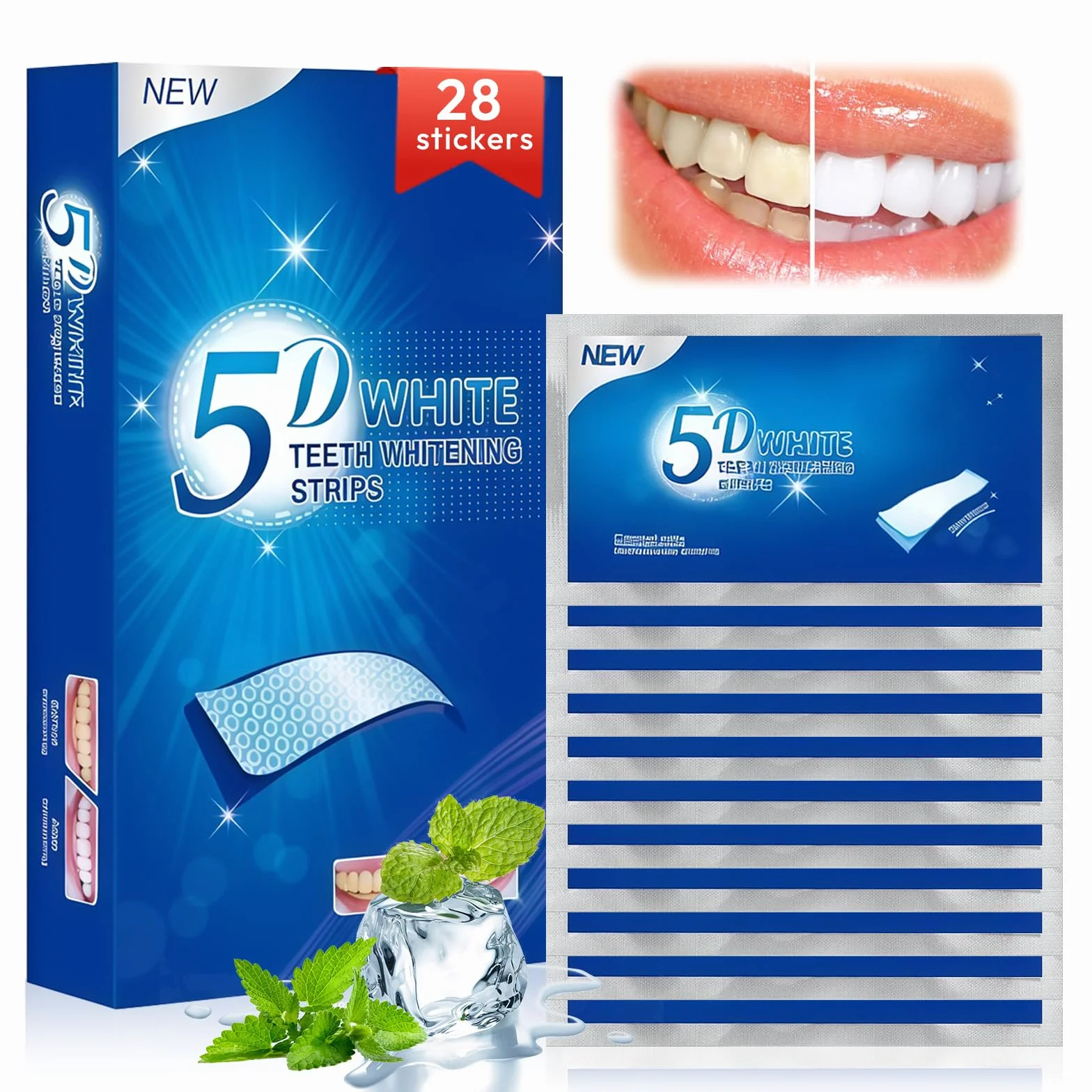 28 Strisce Sbiancanti Denti, Trattamento Sbiancante per Uso Domestico, Professionale Teeth Whitening Aiuta a Ridurre Macchie di Caffè, Tè, Vino, Rapido e Formula Delicata alla, Menta