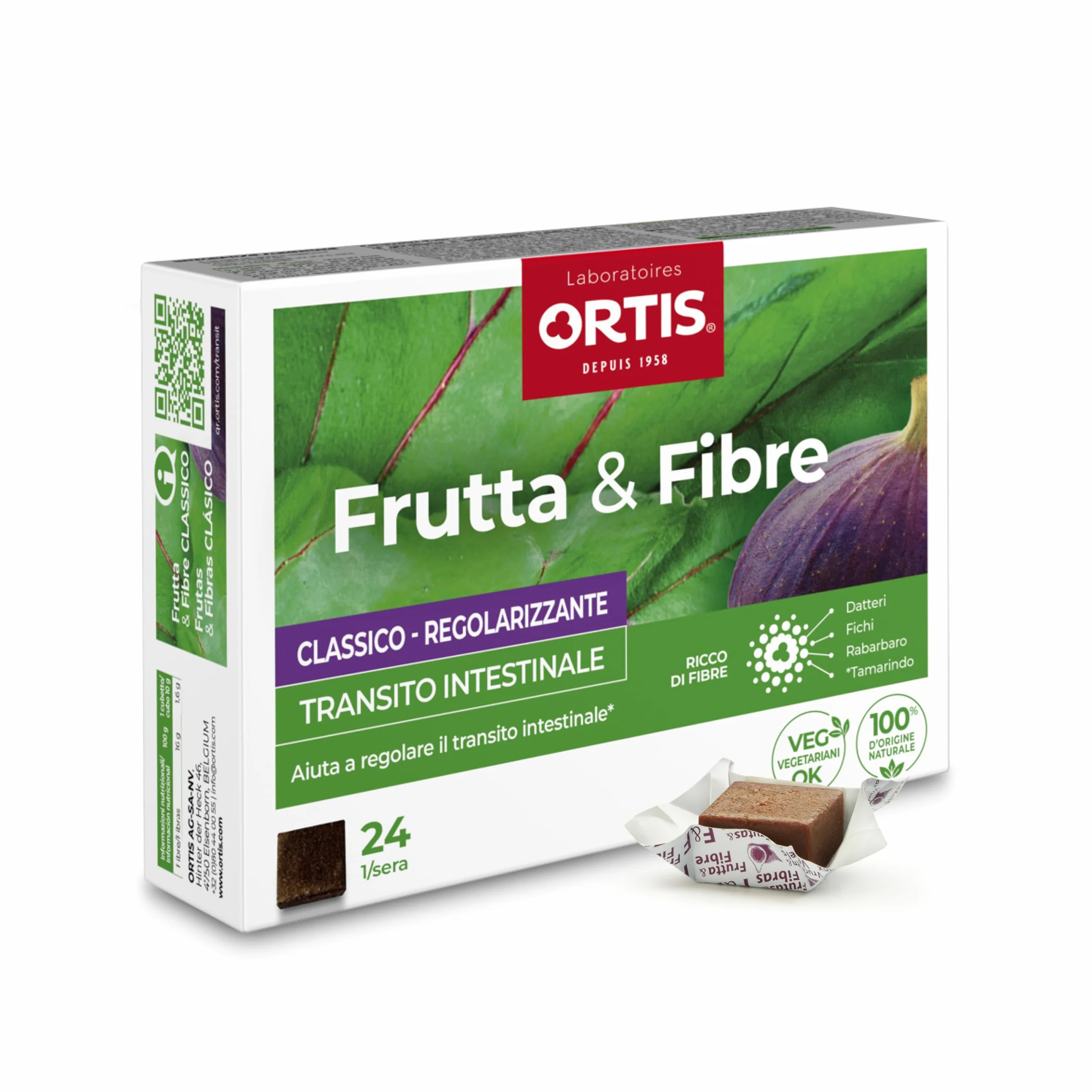 Ortis - Frutta & Fibre Classico 24 Cubetti - Integratore Alimentare Che Aiuta a Regolare il Transito intestinale - Pigrizia intestinale Frequente -100% Naturale a Base di Rabarbaro e Fichi