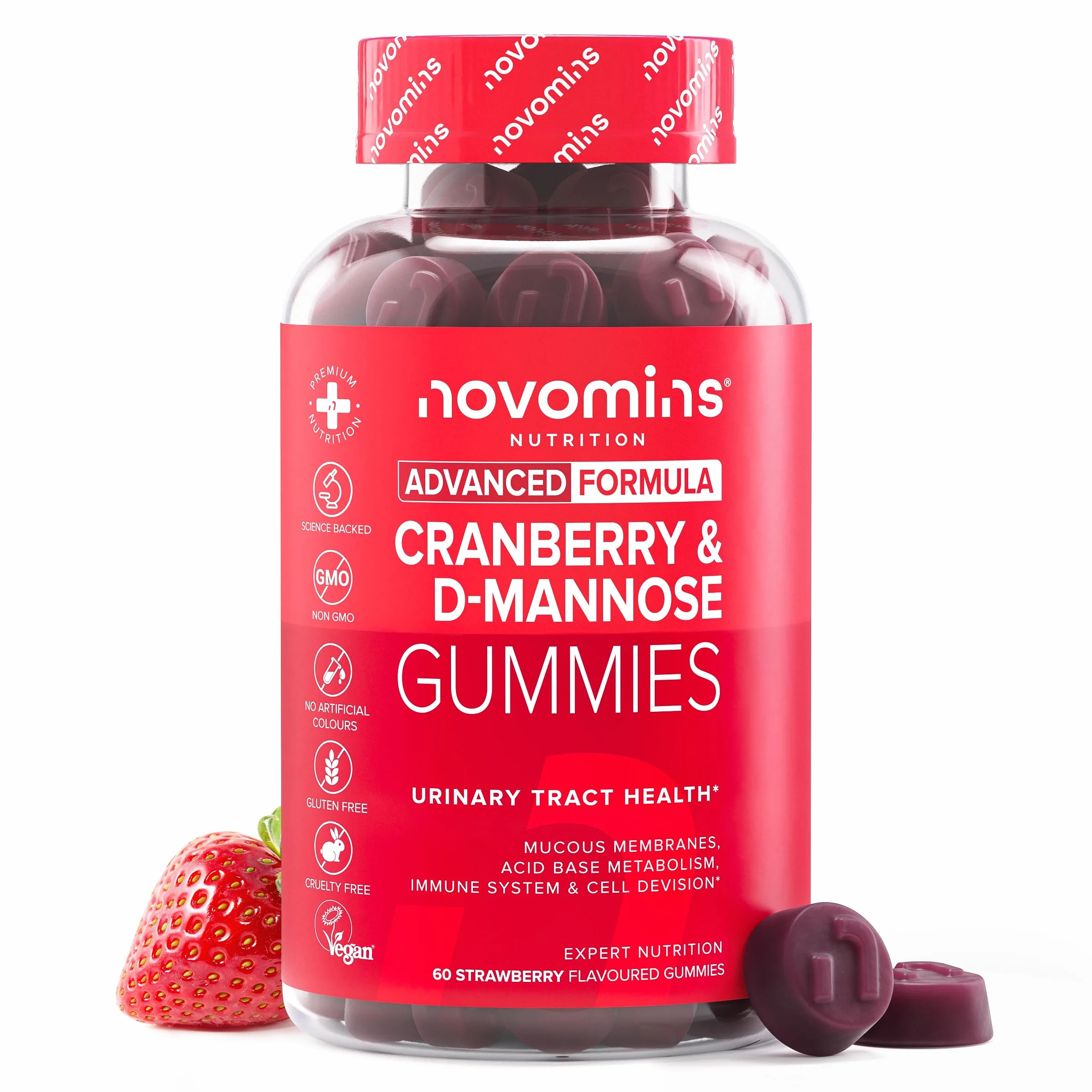 Mirtillo Rosso e D-Mannosio Gommose – 600 mg Mirtillo + 400 mg D-Mannosio – con Zinco e Biotina – Vegan, Senza Glutine – 60 Gommose Gusto Fragola – Novomins