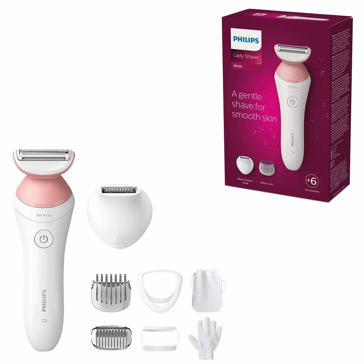 Rasoio da donna Philips Serie 6000 - Rasoio cordless con 6 accessori inclusi Guanto esfoliante, rifinitore per zona bikini (Modello BRL146/00)
