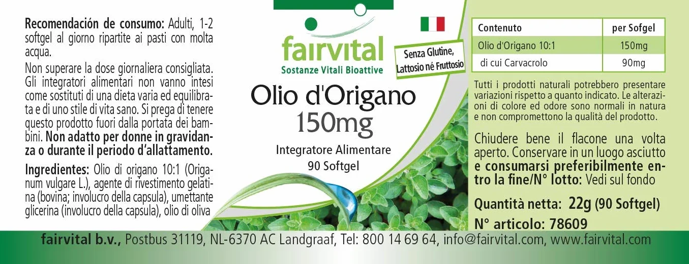 Fairvital Capsule di Olio di Origano 150 mg, 90 Capsule Molli, Estratto 10:1, Alto Dosaggio