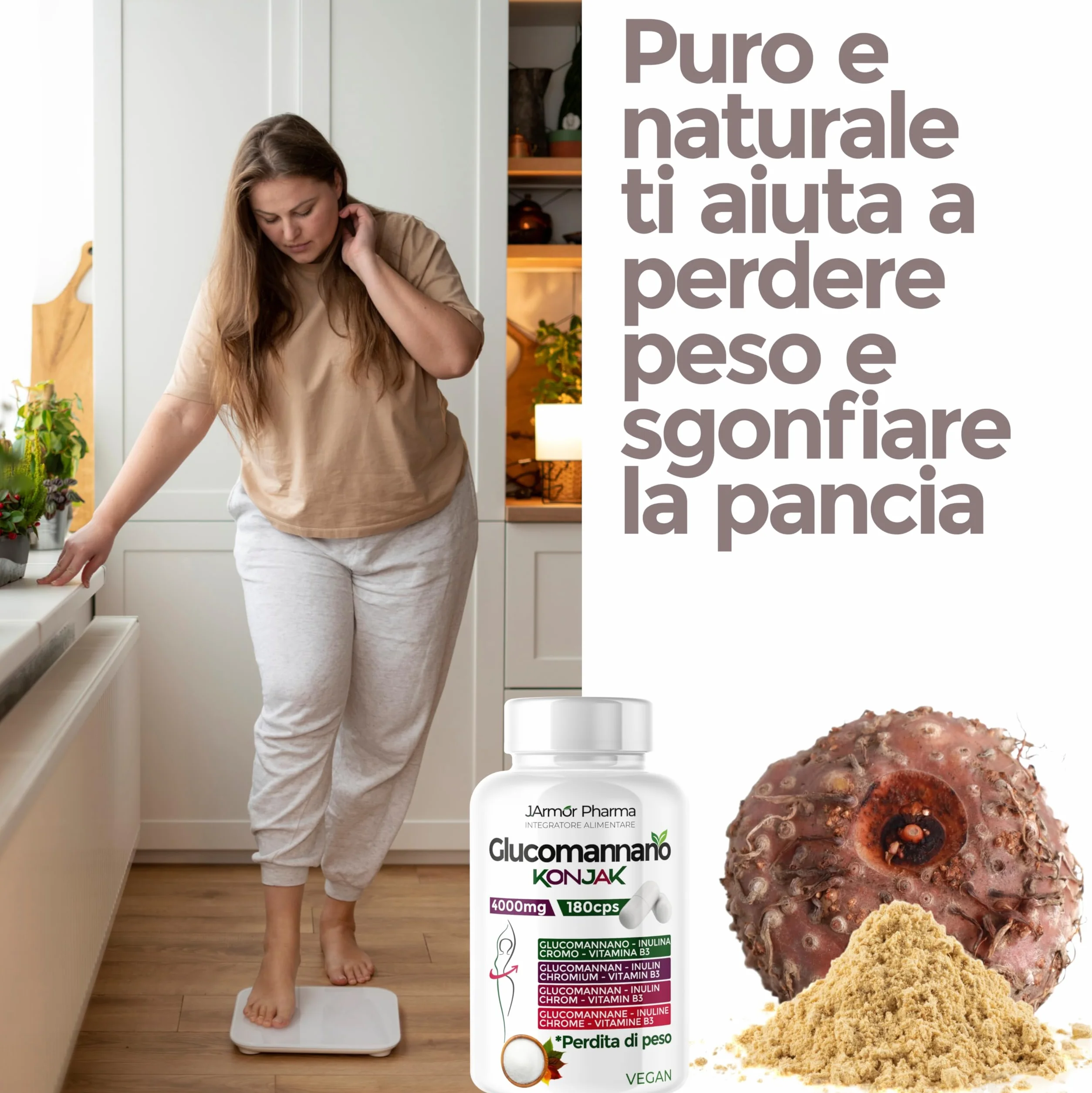 Glucomannano Capsule con Inulina, Cromo e Vitamina B3 – Fibra Alimentare – 180 Capsule Vegane – J.Armor Pharma