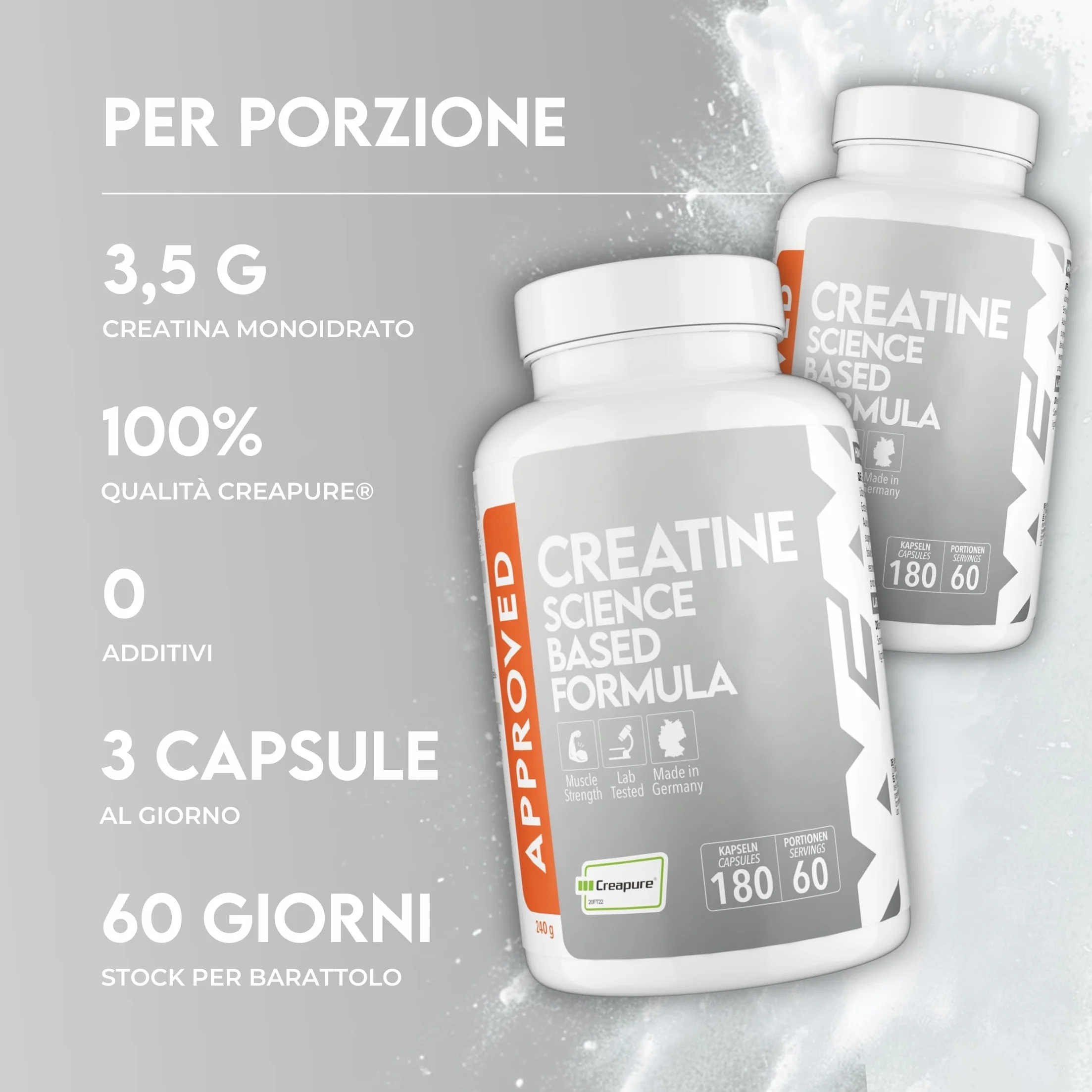 WFN Approved Creatine Caps - Creapure - 180 Capsule di creatina - Giga Caps ad alta dose - Pura creatina monoidrato - Vegano - 60 Porzioni - Prodotto in Germania - Testato in laboratorio esterno