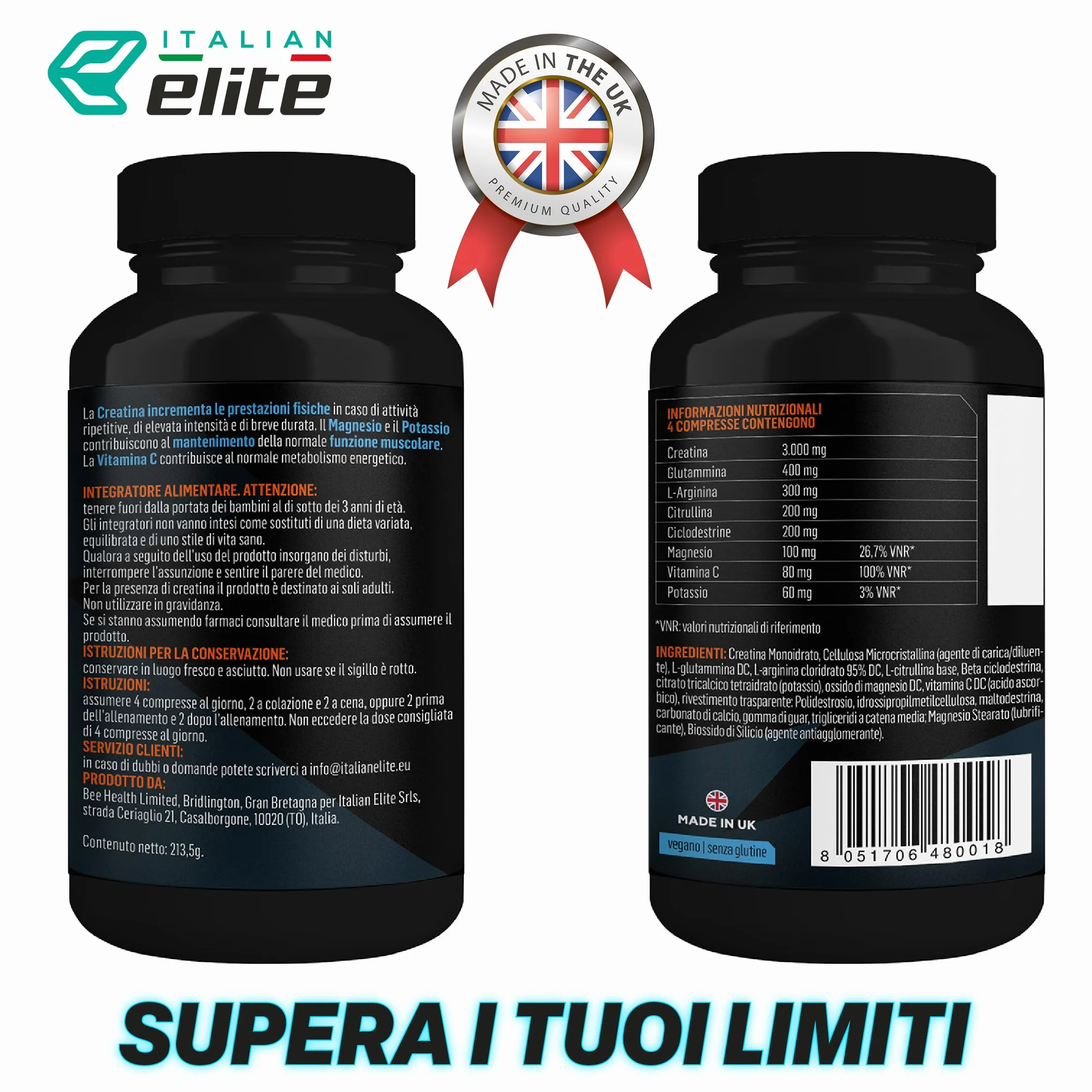 Italian Elite Creatine Extreme, Creatina con Glutammina, Arginina, Citrullina, Vit C Magnesio, Potassio, Ciclodestrine, Pre Post Workout 120cp Monoidrata Micronizzata
