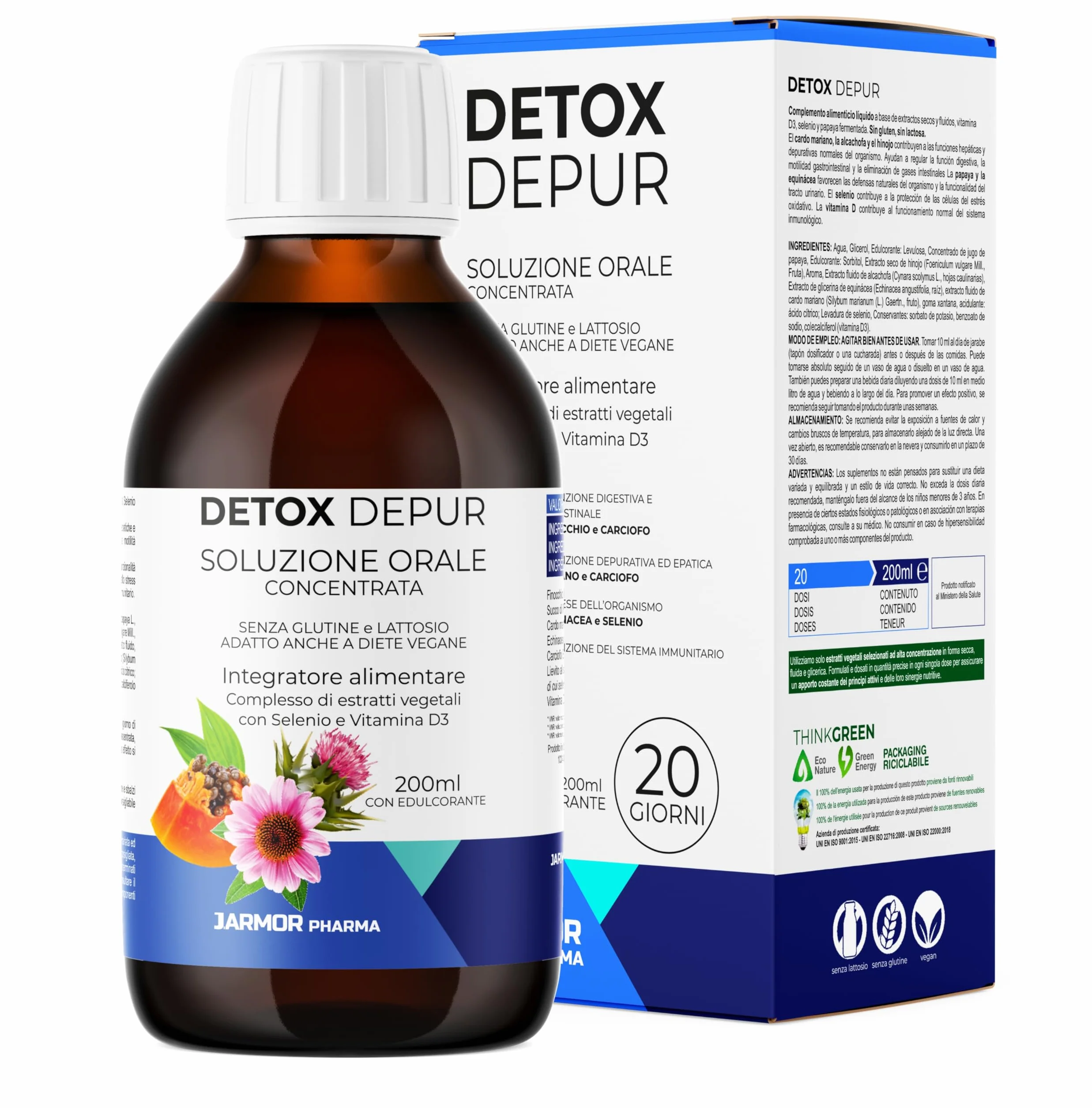 Detox Fegato e Intestino Depur Liquido 200 ml Drenante Naturale con Cardo Mariano Carciofo Finocchio Echinacea Papaia Selenio Vitamina D3