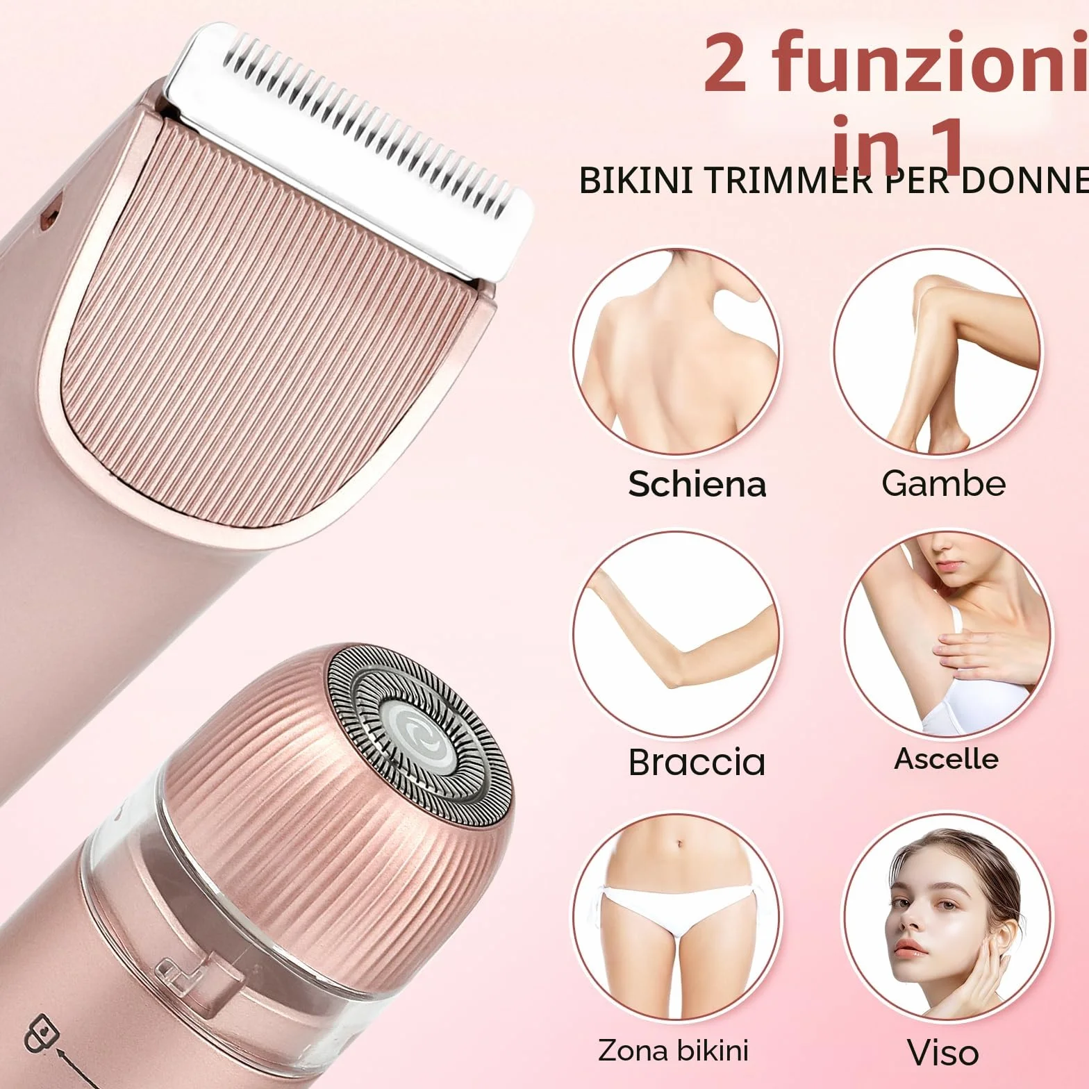 Rasoio elettrico da donna 2 in 1 a doppia testa IPX7 impermeabile per bikini gambe braccia viso