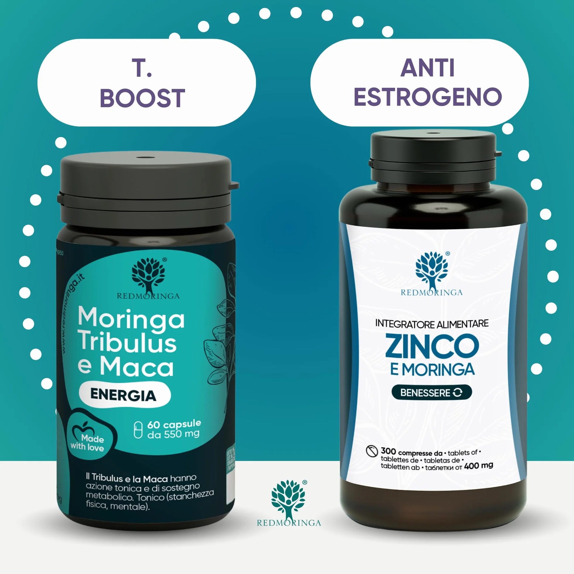 Trattamento BOOST T Uomo – T-Booster Potente con Tribulus Terrestris 90% Saponine + Maca Peruviana + Moringa BIO + Zinco 300 Compresse | Forza, Massa e Vigore | RedMoringa