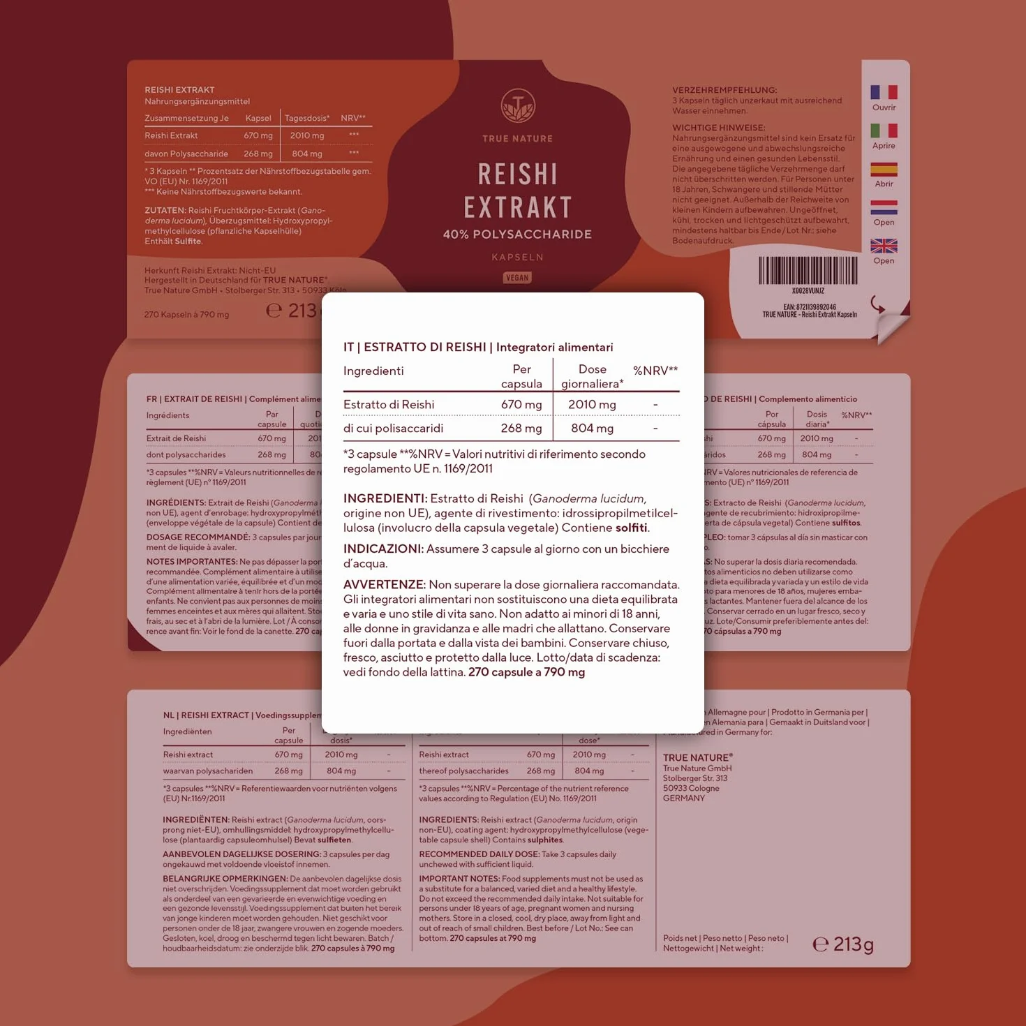 Reishi - 270 Capsule (Big Pack) - 20.100mg al giorno - Alto dosaggio - 40% di polisaccaridi bioattivi - Ganoderma Lucidum puro - fungo cinese Reishi - Vegano, testato in laboratorio - TRUE NATURE