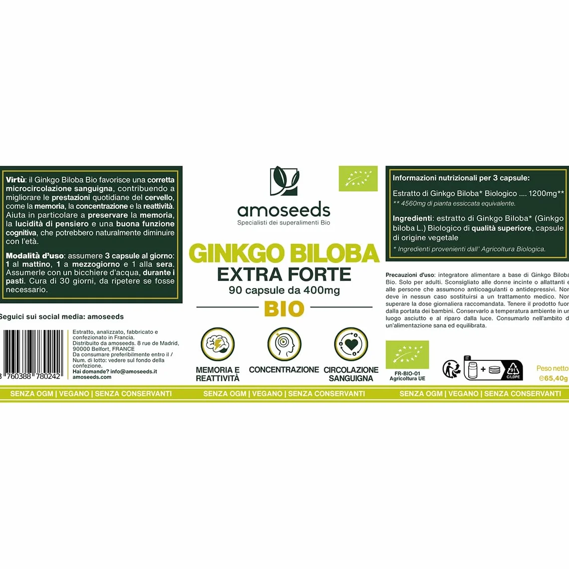 Ginkgo Biloba BIO Extra Forte 4560mg 90 capsule vegane Memoria Concentrazione Circolazione Sanguigna