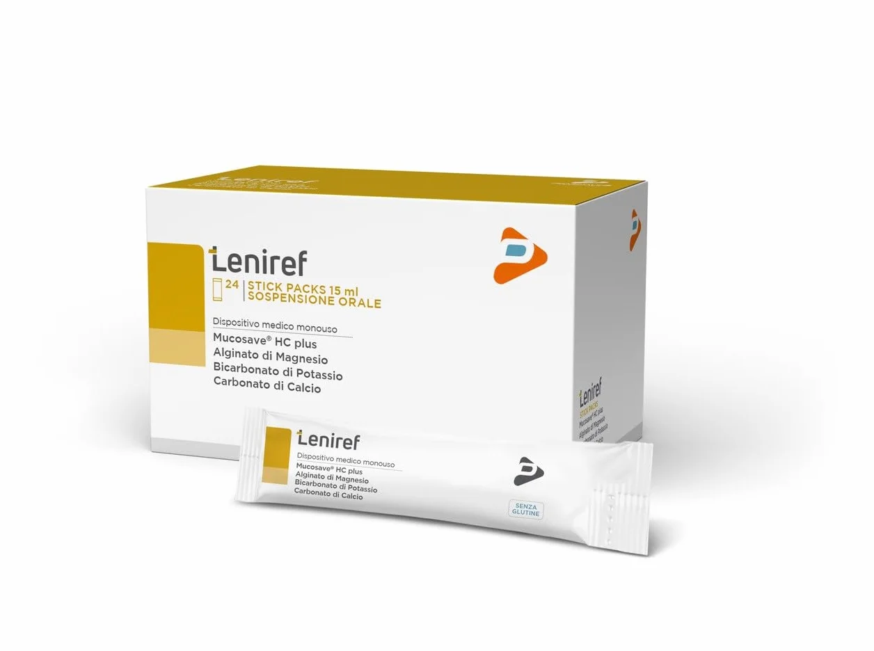 LENIREF Dispositivo medico per il trattamento del reflusso gastroesofageo e laringofaringeo, 24 stick pack da 15 ml