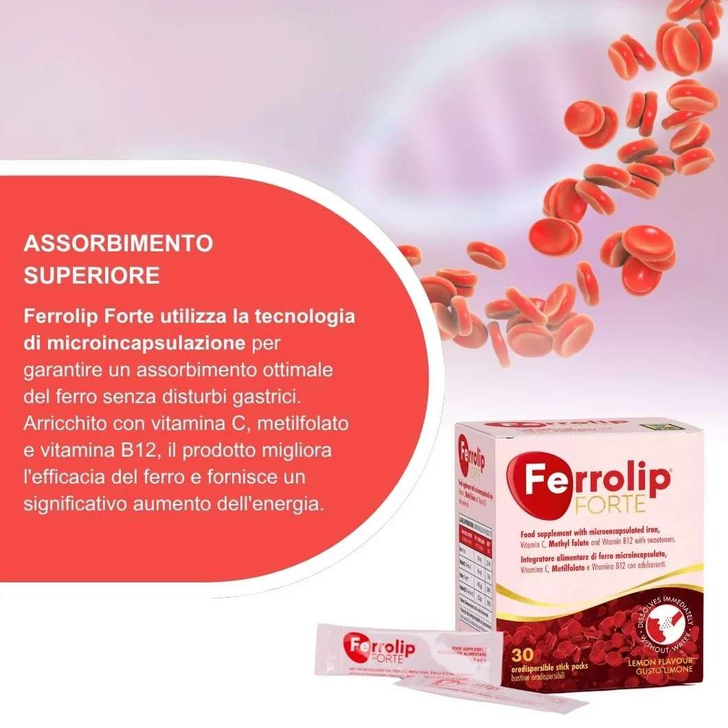 Ferrolip Forte Integratore Ferro e Acido Folico (30 Bustine Orosolubili al Limone) - Senza Fastidi Gastrointestinali - Privo di Sapore Metallico - Con Vitamina C e B12