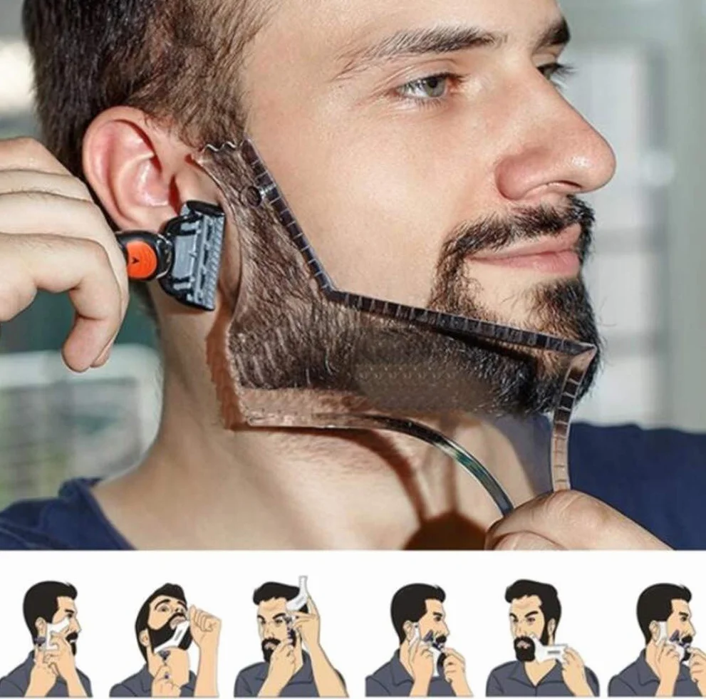 Strumento per modellare la barba da uomo con pettine integrato trasparente