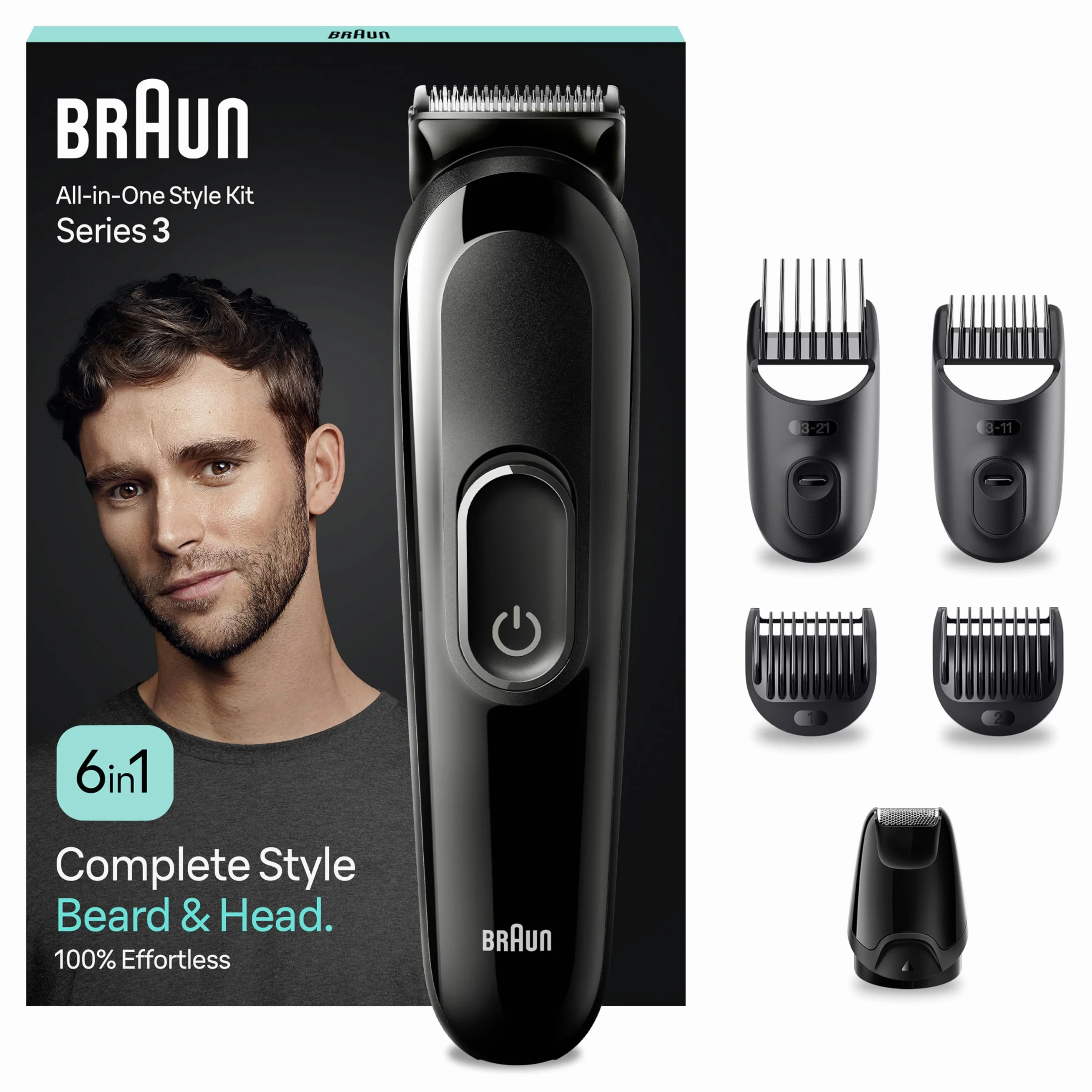 Braun REGOLABARBA Tagliacapelli Uomo, Rasoio Elettrico Barba e Capelli, 6-In-1 Styling Kit Ideale per Barba, Capelli, 50 Minuti Di Utilizzo Senza Fili, MGK3410