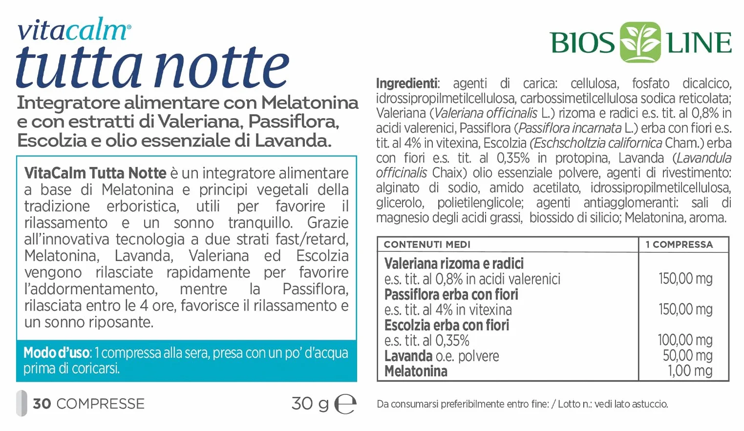 BIOS LINE VitaCalm Tutta Notte Melatonina Integratore Doppio Rilascio Sonno 30 compresse