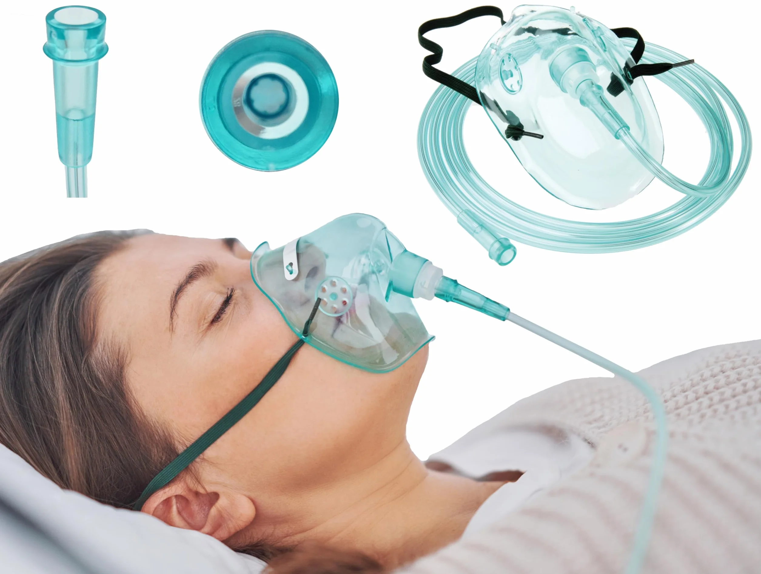 Tiga-Med Maschere di ossigeno per adulti 5 pezzi senza DEHP verde con tubo 210 cm maschera O2