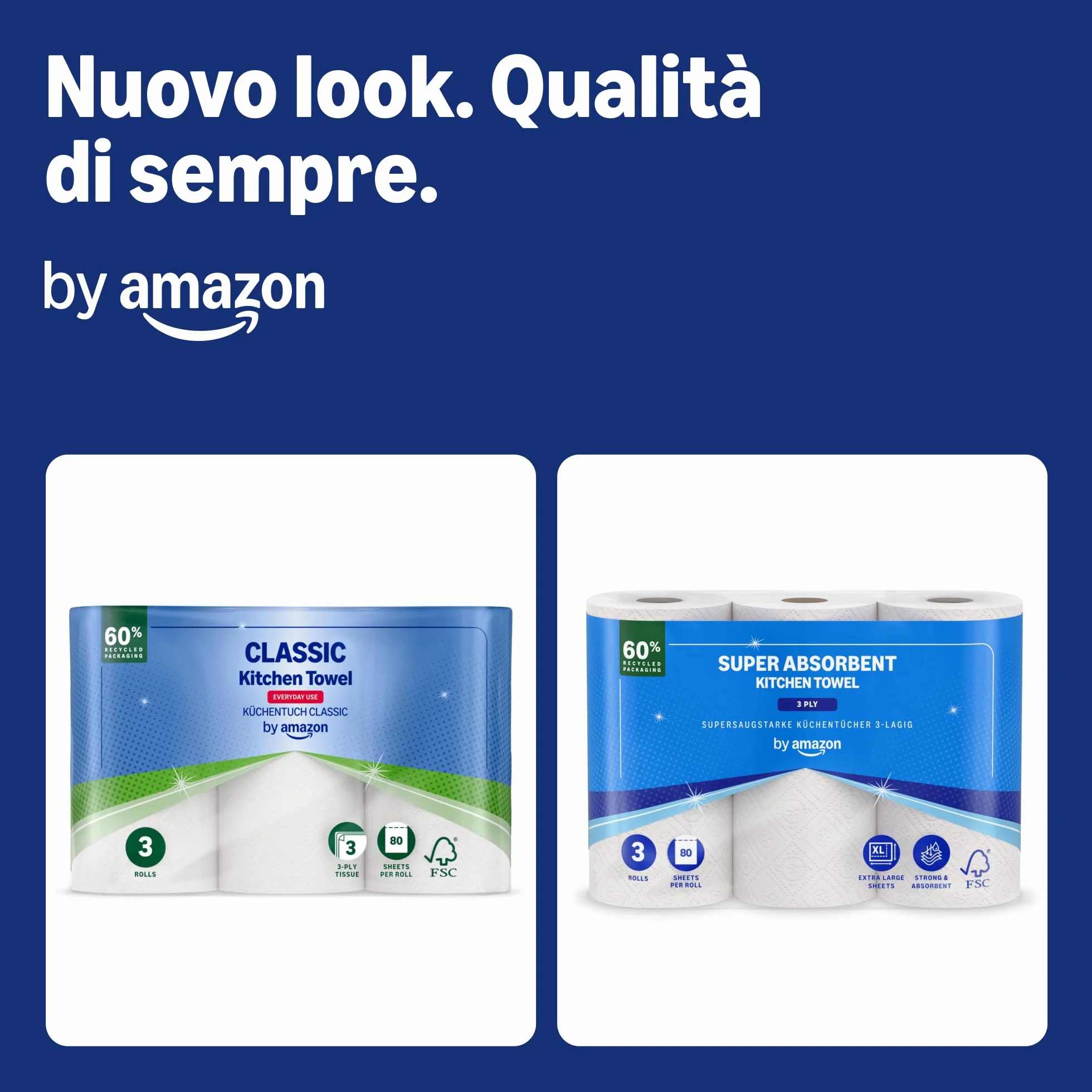 Amazon Carta da Cucina Super Assorbente 3 Veli 3 Rotoli 80 Fogli Certificata FSC