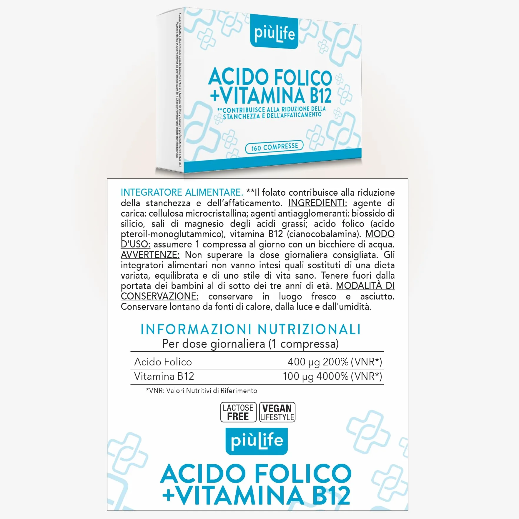 Acido Folico 400 μg Con B12 160 Compresse PiùLife Integratore Energia Contro Stanchezza