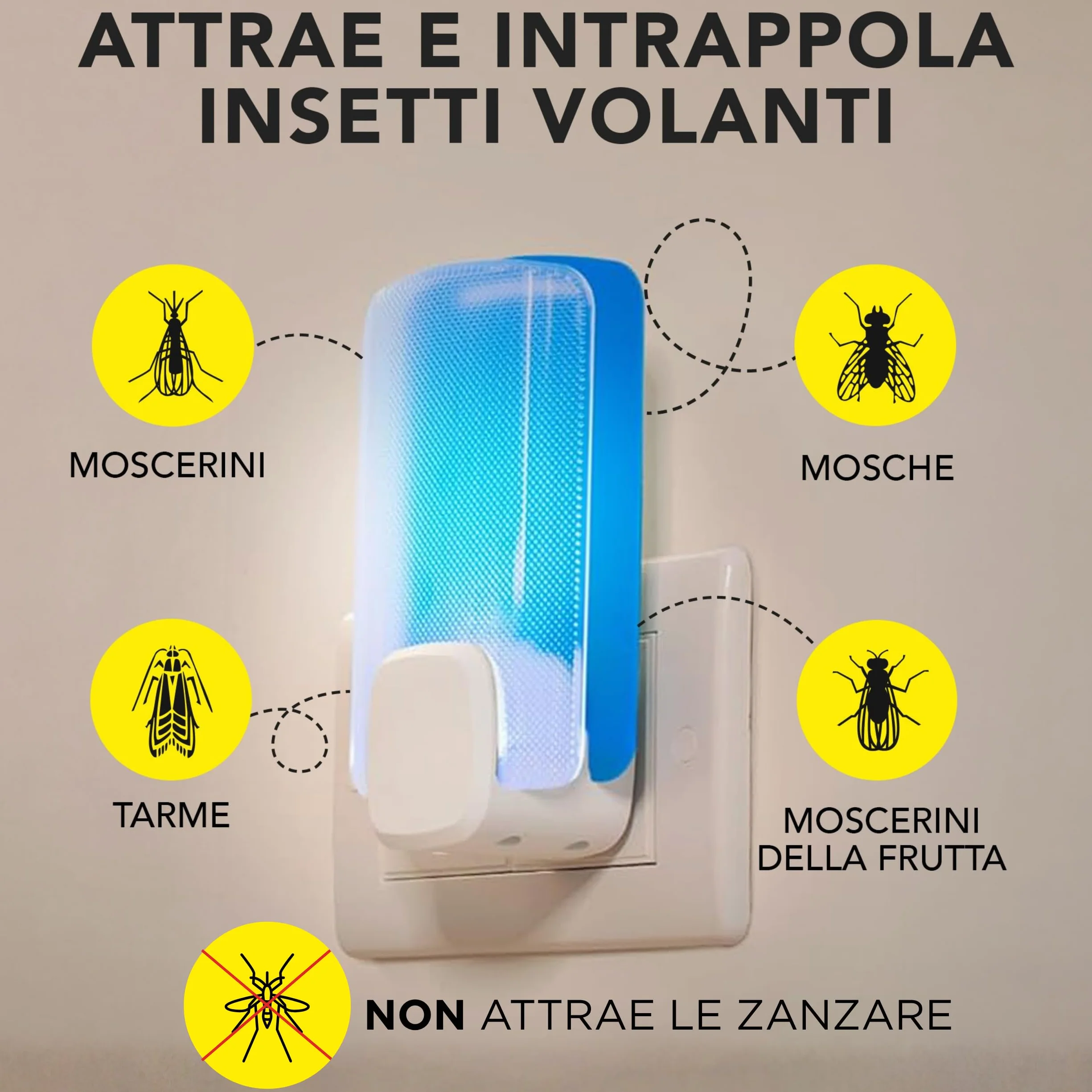Raid Essentials Trappola Insetti Volanti Base Antimosche, Antimoscerini e Antitarme, Senza Insetticida, Protezione 24/7 dagli Insetti Volanti, per uso Interno, 1 Trappola e 1 Ricarica