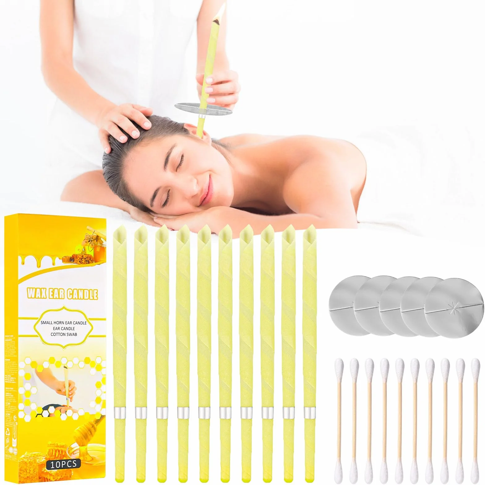 Coni Orecchie Cerume, 10 Candele Orecchie Cerume, Candele Naturali Auricolari in Cera D'api, Per Rilassare la Pelle, Ridurre lo Stress, Migliorare il Sonno (Giallo)