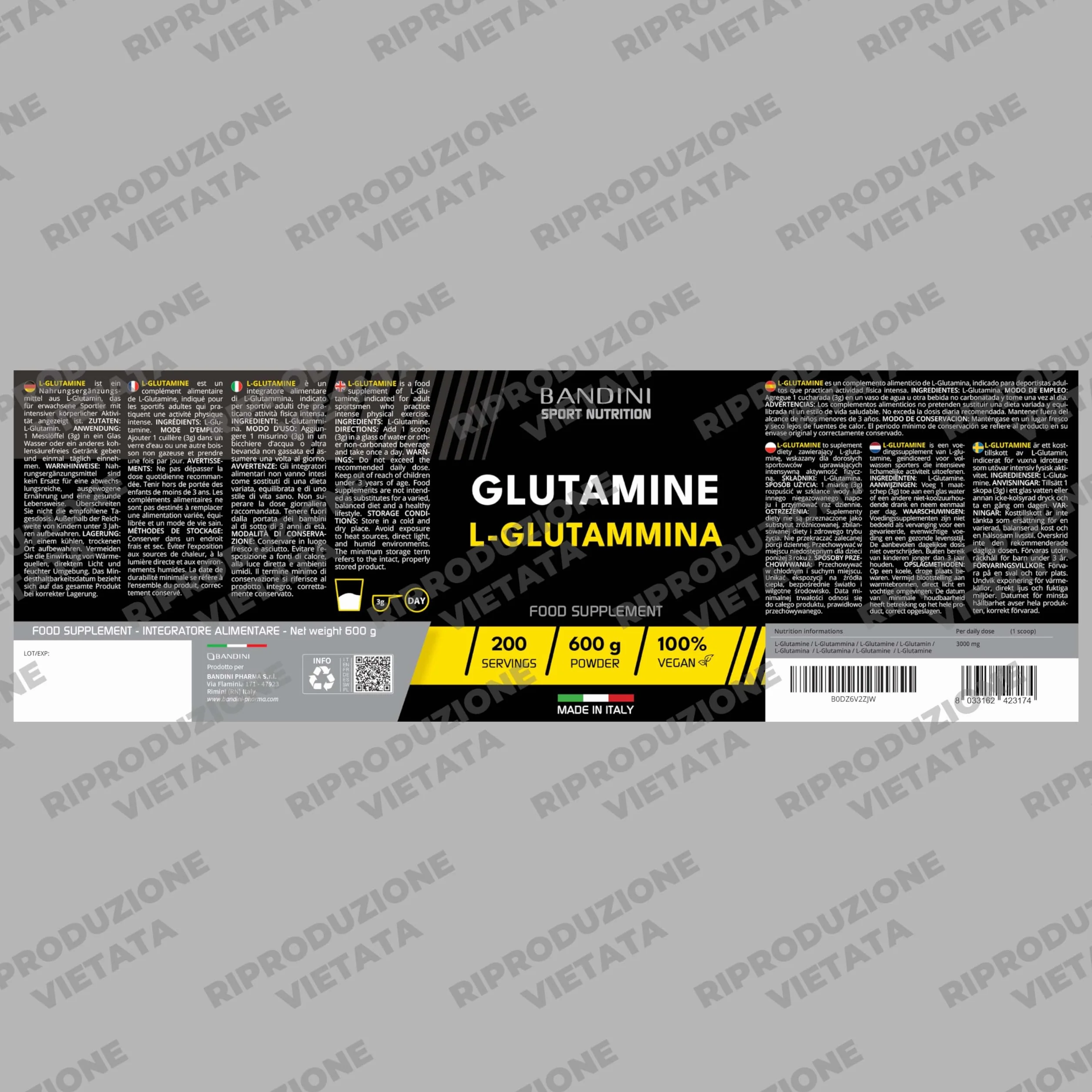 Bandini® L-Glutammina Pura in Polvere 600g - Aminoacido utile per Esercizi Fisici ad Alta Intensità - Rinforza la Massa Muscolare - Glutammina POWDER 100% Vegan