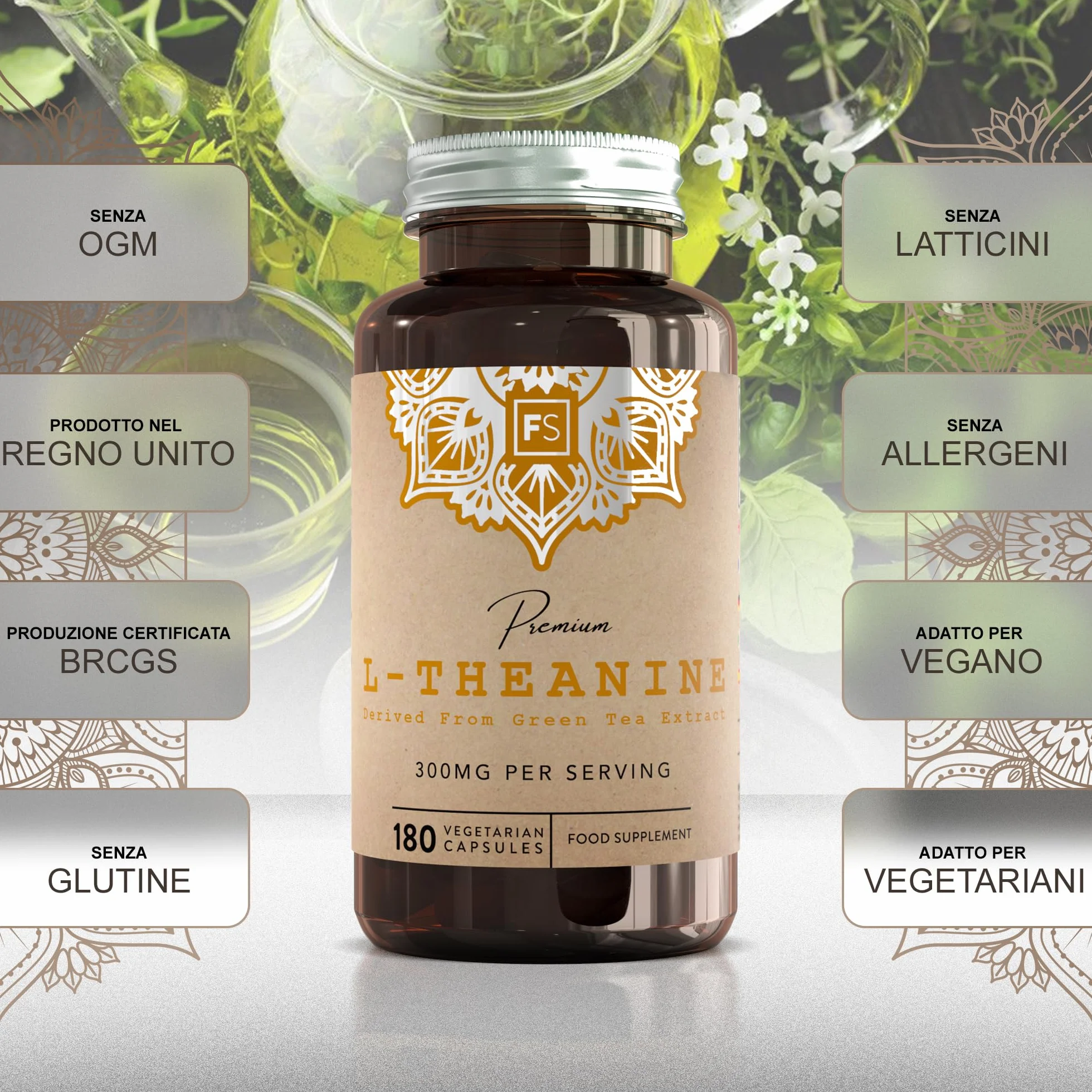 FS Teanina | 180 Capsule di L Teanina da Tè Verde - 300mg di L Theanine per Dose | L-Teanina ad Alta Potenza | Non-OGM, Senza Glutine e Allergeni | Prodotto nel Regno Unito