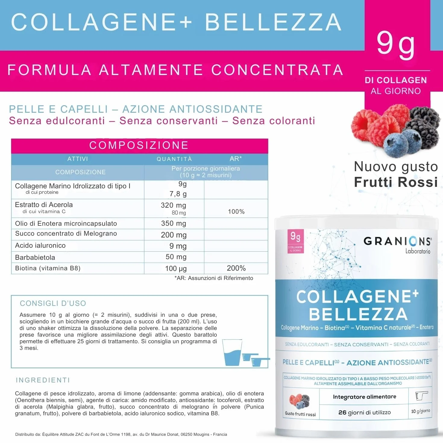 GRANIONS Collagene+ Bellezza in Polvere 260 g | 9 g Collagene Marino Tipo I | Acido Ialuronico + Biotina + Vitamina C + Enotera | Aroma Frutti Rossi | 26 Giorni