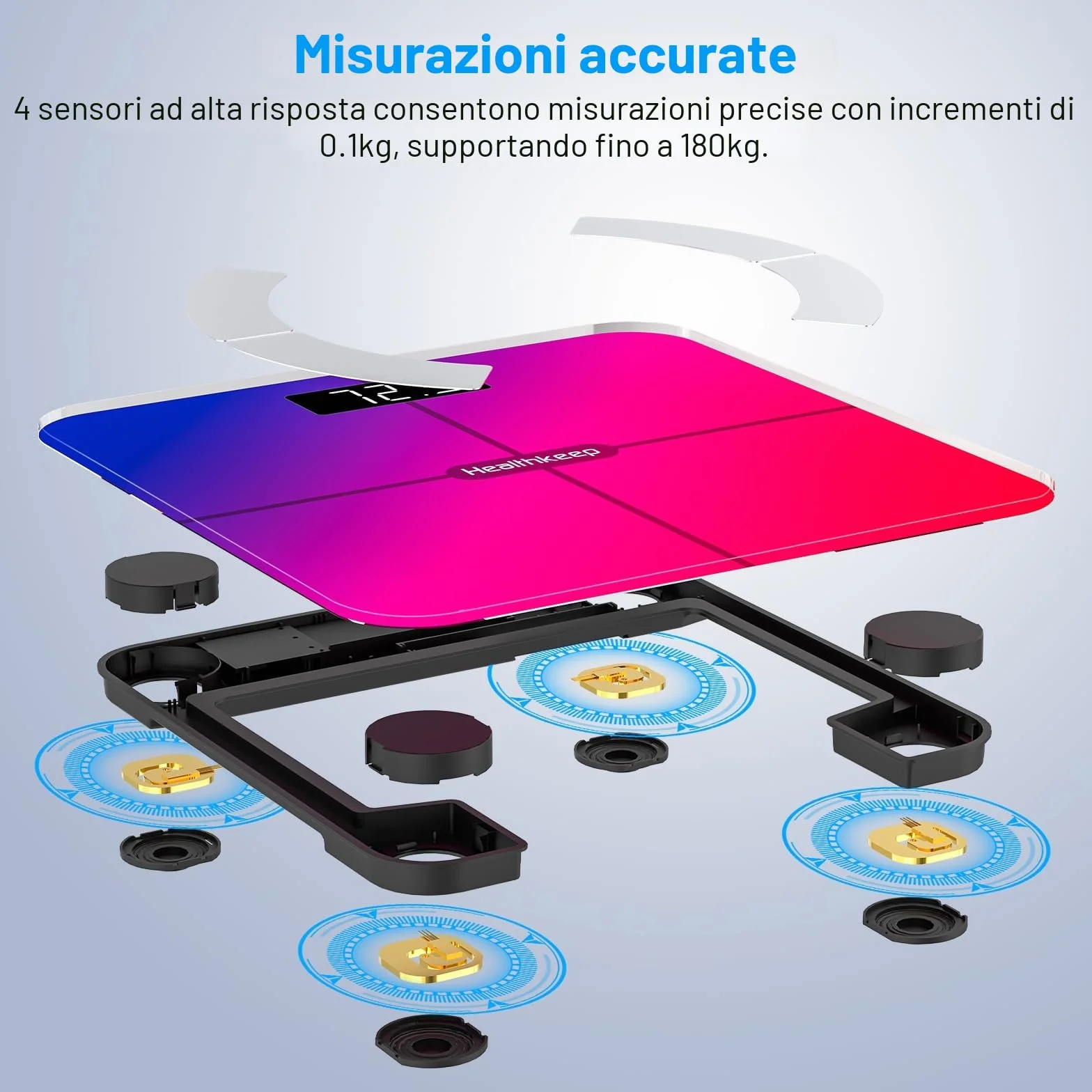 Healthkeep Bilancia Impedenzimetro Bluetooth alta precisione 13 indicatori per Android iOS Max 180kg 28x28 cm