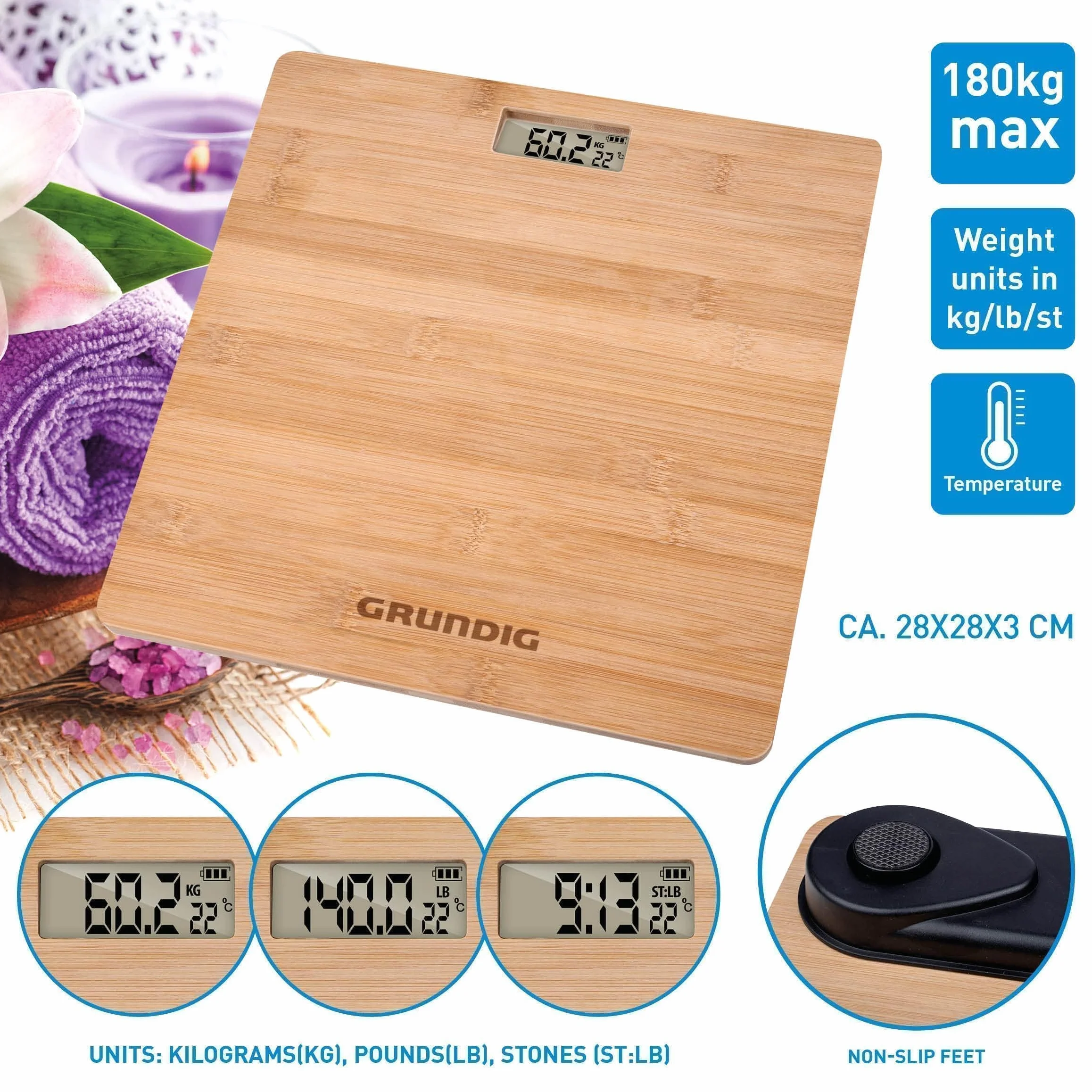 Grundig Bilancia pesapersone digitale in bambù 180 kg
