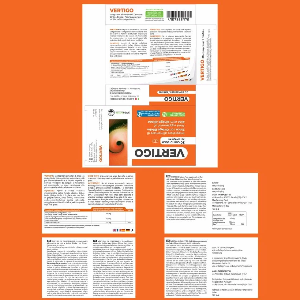 Vertigo Acufene Ronzio Orecchio Integratore Alimentare Zinco Ginkgo Biloba 30 compresse